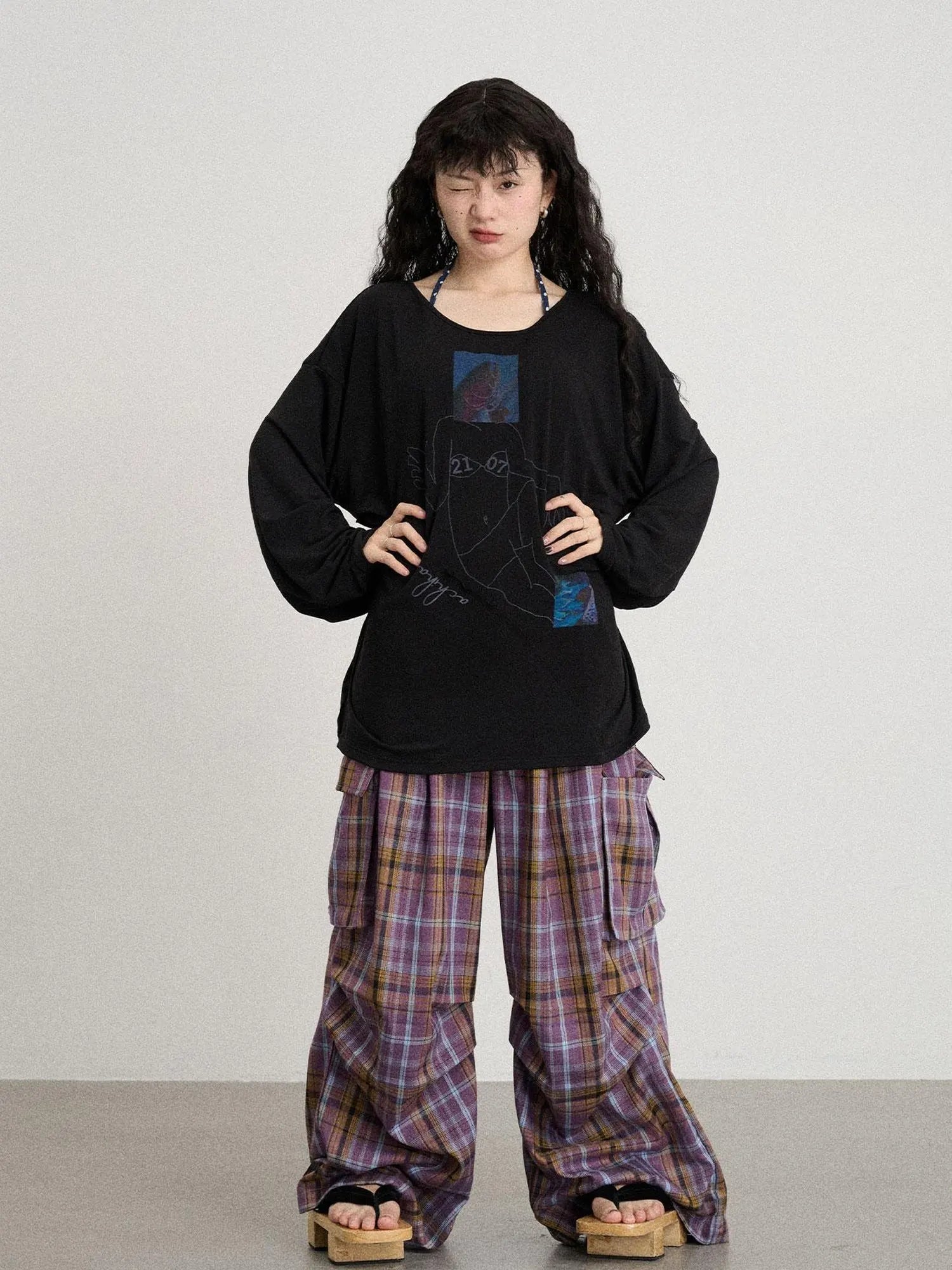 Unstoried Plaid Wide Leg Trousers