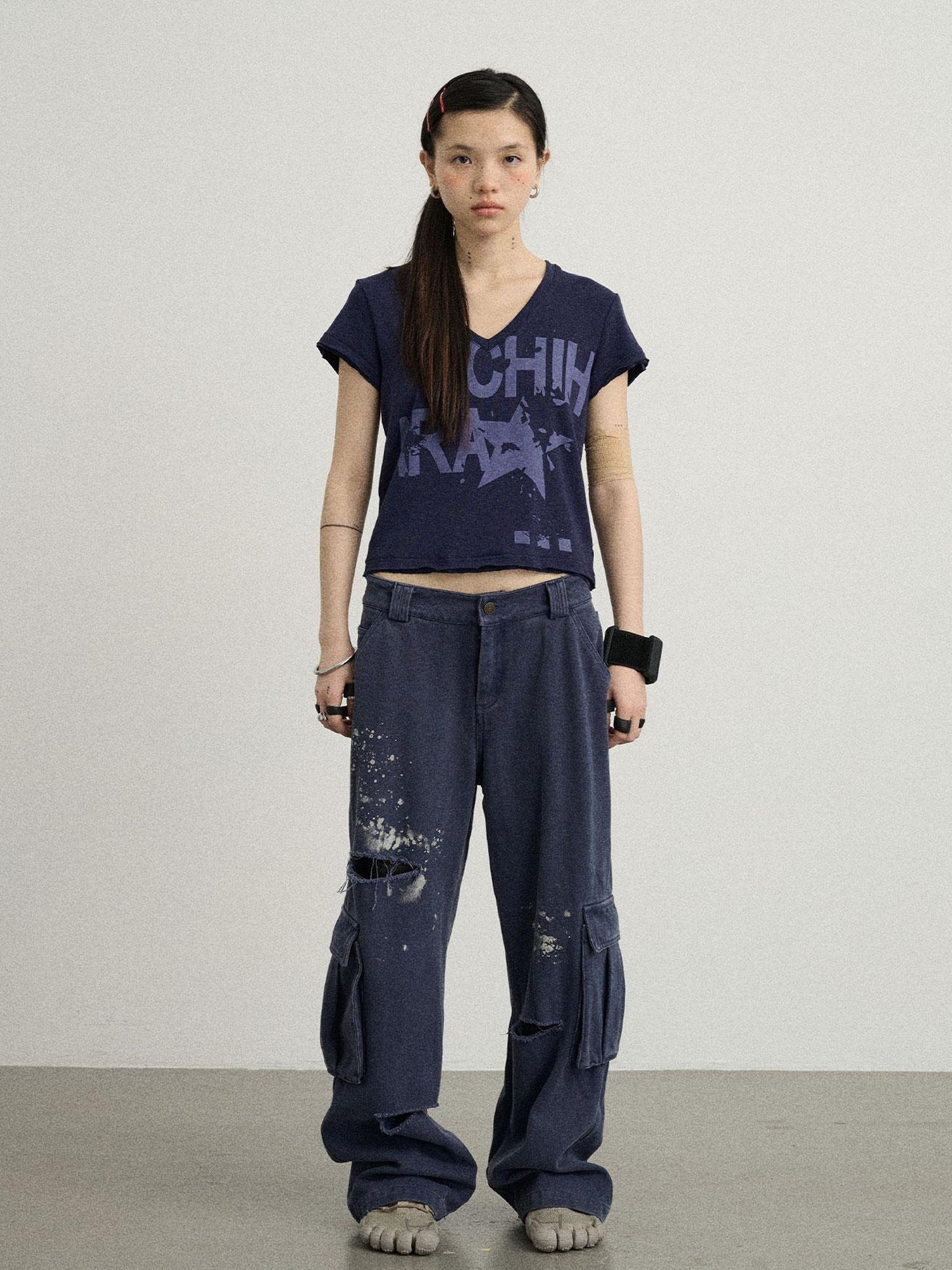 Achihara V-Neck Frayed Hem Cotton Tee With Melted Fruit Print