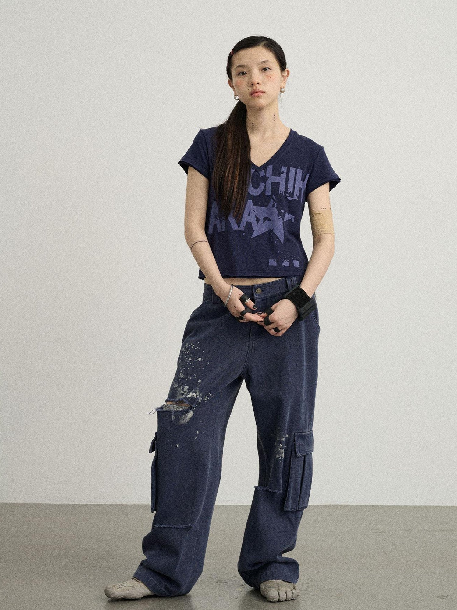 Achihara V-Neck Frayed Hem Cotton Tee With Melted Fruit Print