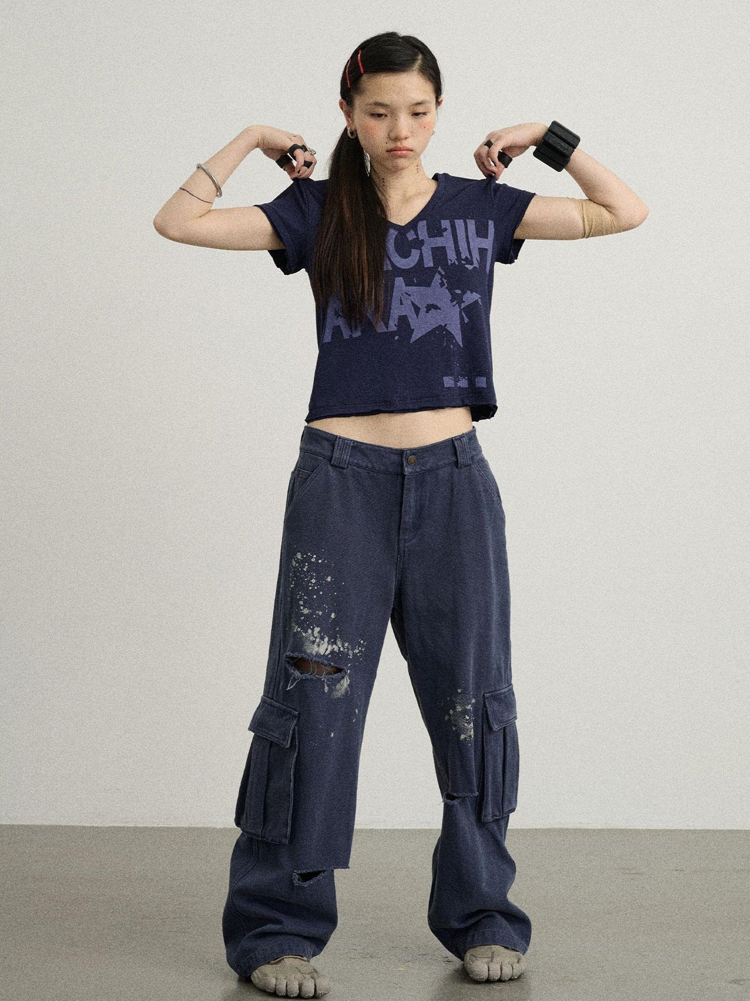 Achihara V-Neck Frayed Hem Cotton Tee With Melted Fruit Print
