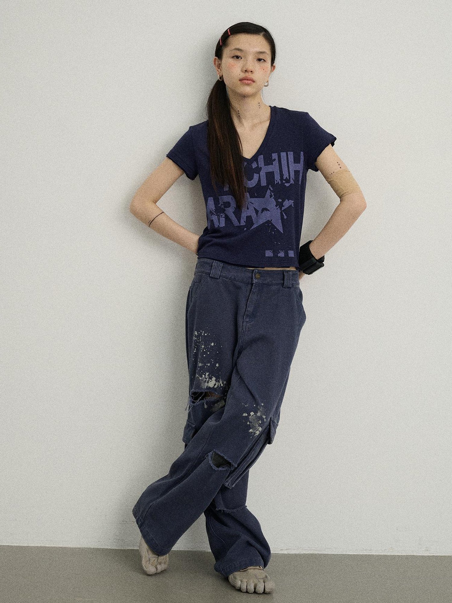 Achihara V-Neck Frayed Hem Cotton Tee With Melted Fruit Print