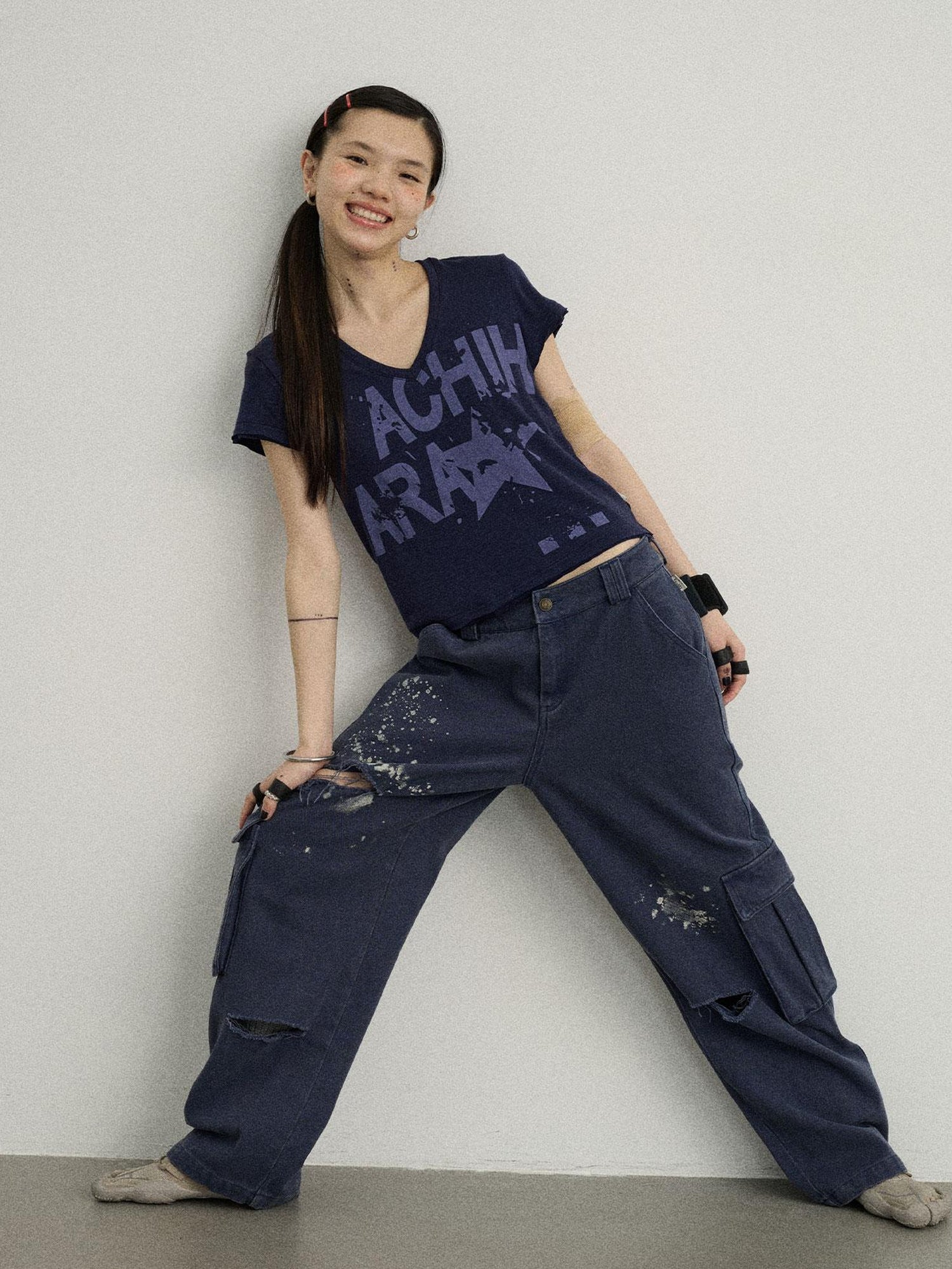Achihara V-Neck Frayed Hem Cotton Tee With Melted Fruit Print
