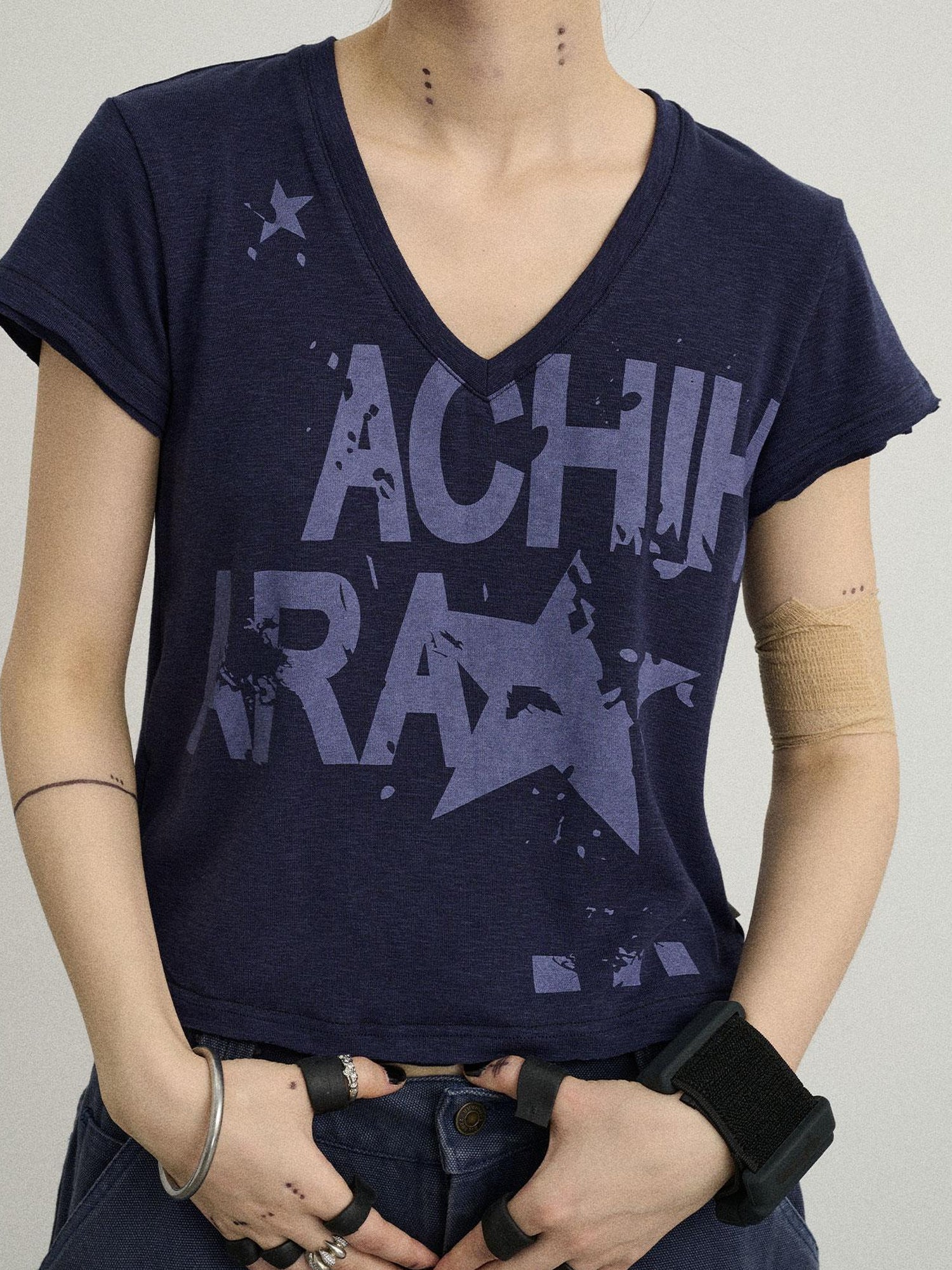 Achihara V-Neck Frayed Hem Cotton Tee With Melted Fruit Print