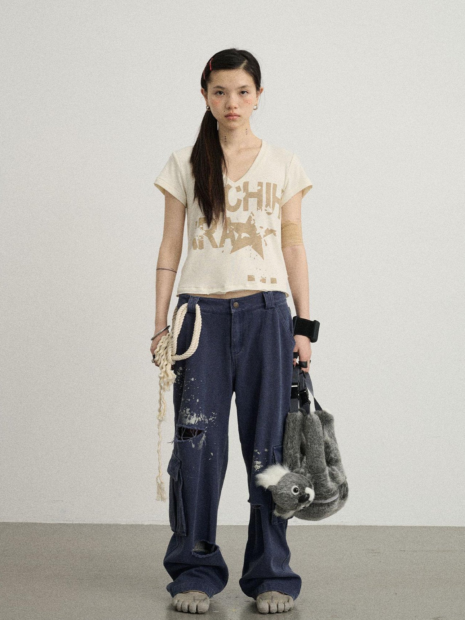 Achihara V-Neck Frayed Hem Cotton Tee With Melted Fruit Print