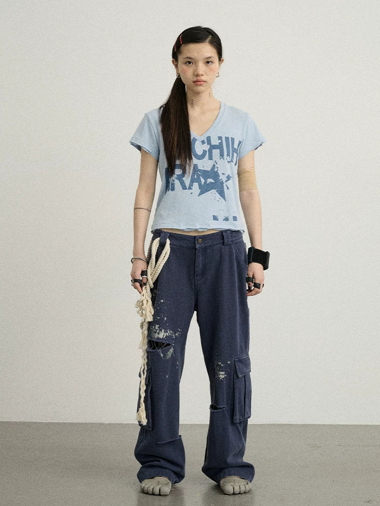 Achihara V-Neck Frayed Hem Cotton Tee With Melted Fruit Print-2