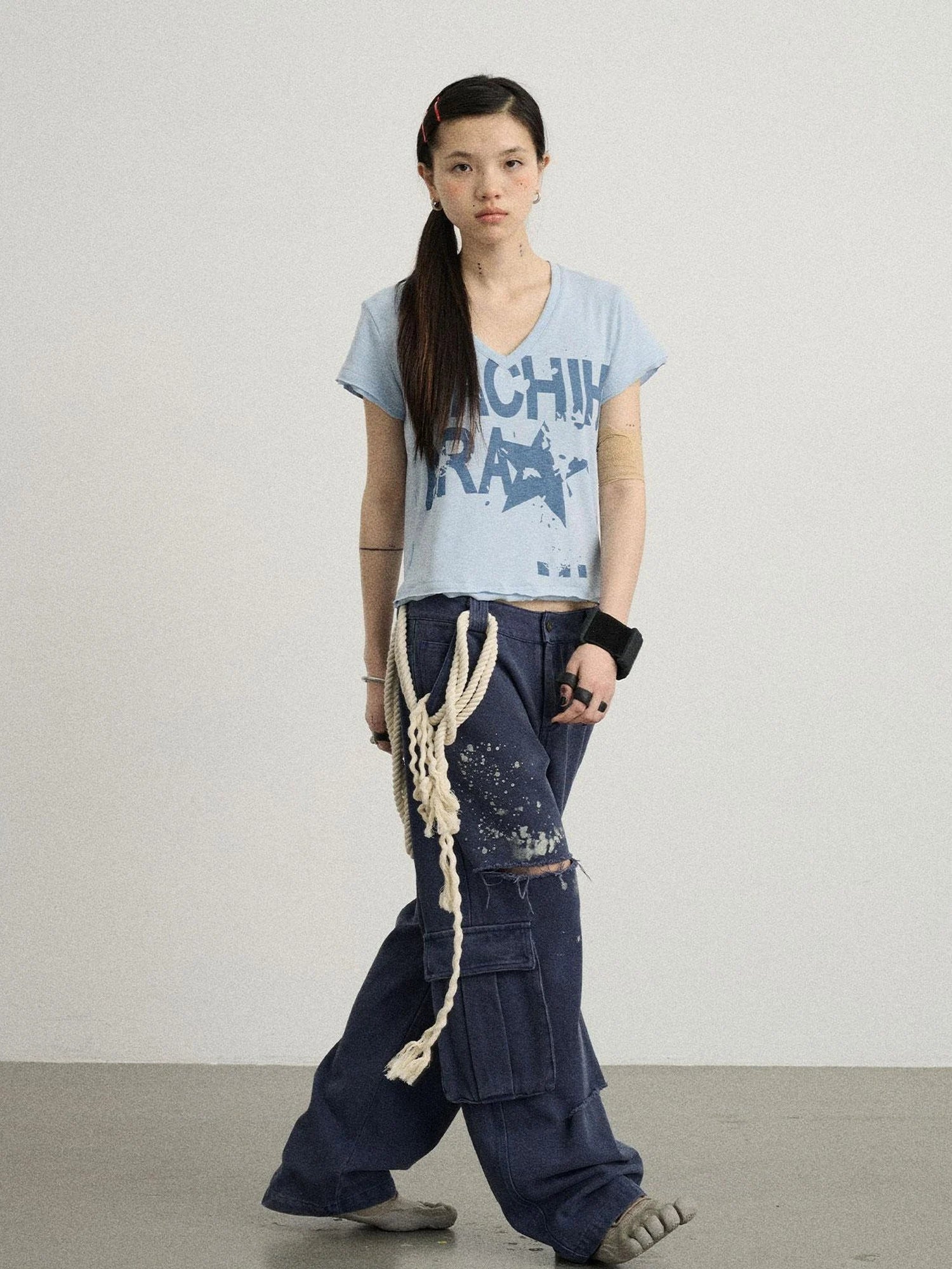 V-Neck Frayed Hem Cotton Tee With Melted Fruit Print