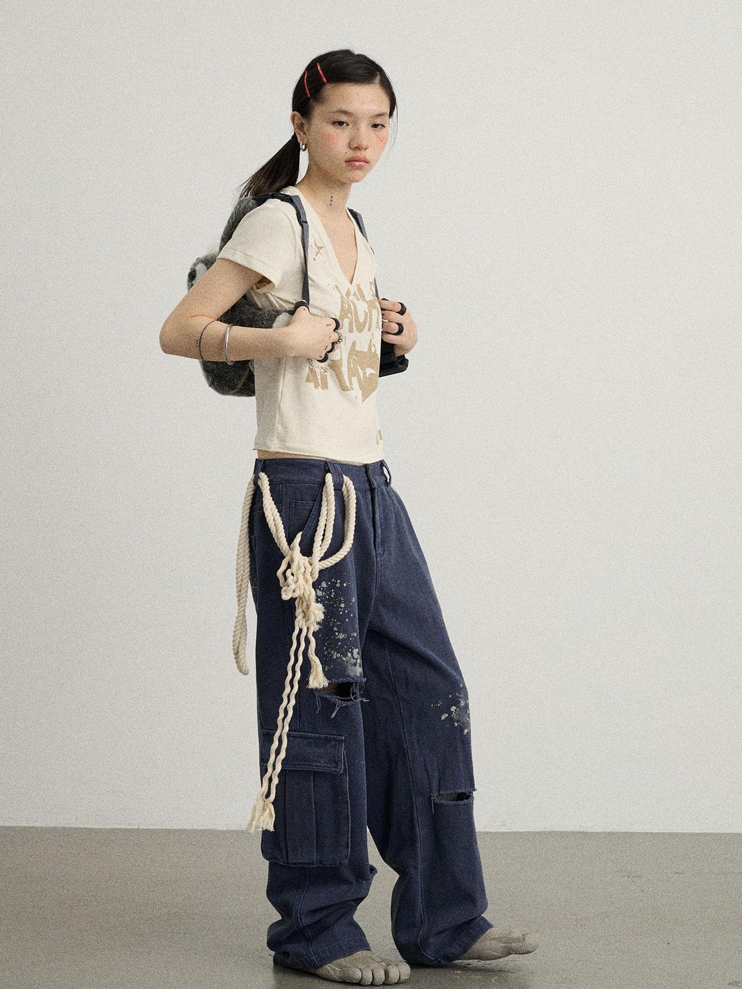 Achihara V-Neck Frayed Hem Cotton Tee With Melted Fruit Print