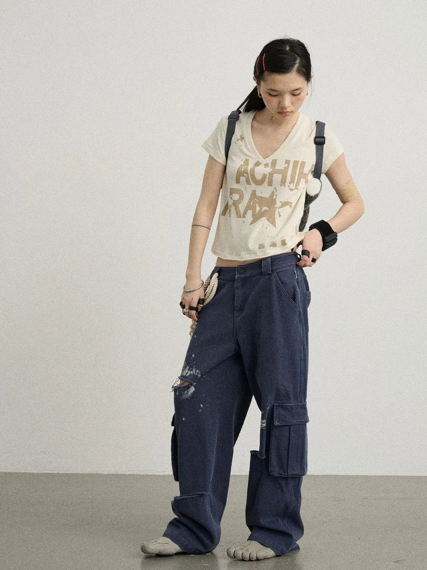 V-Neck Frayed Hem Cotton Tee With Melted Fruit Print