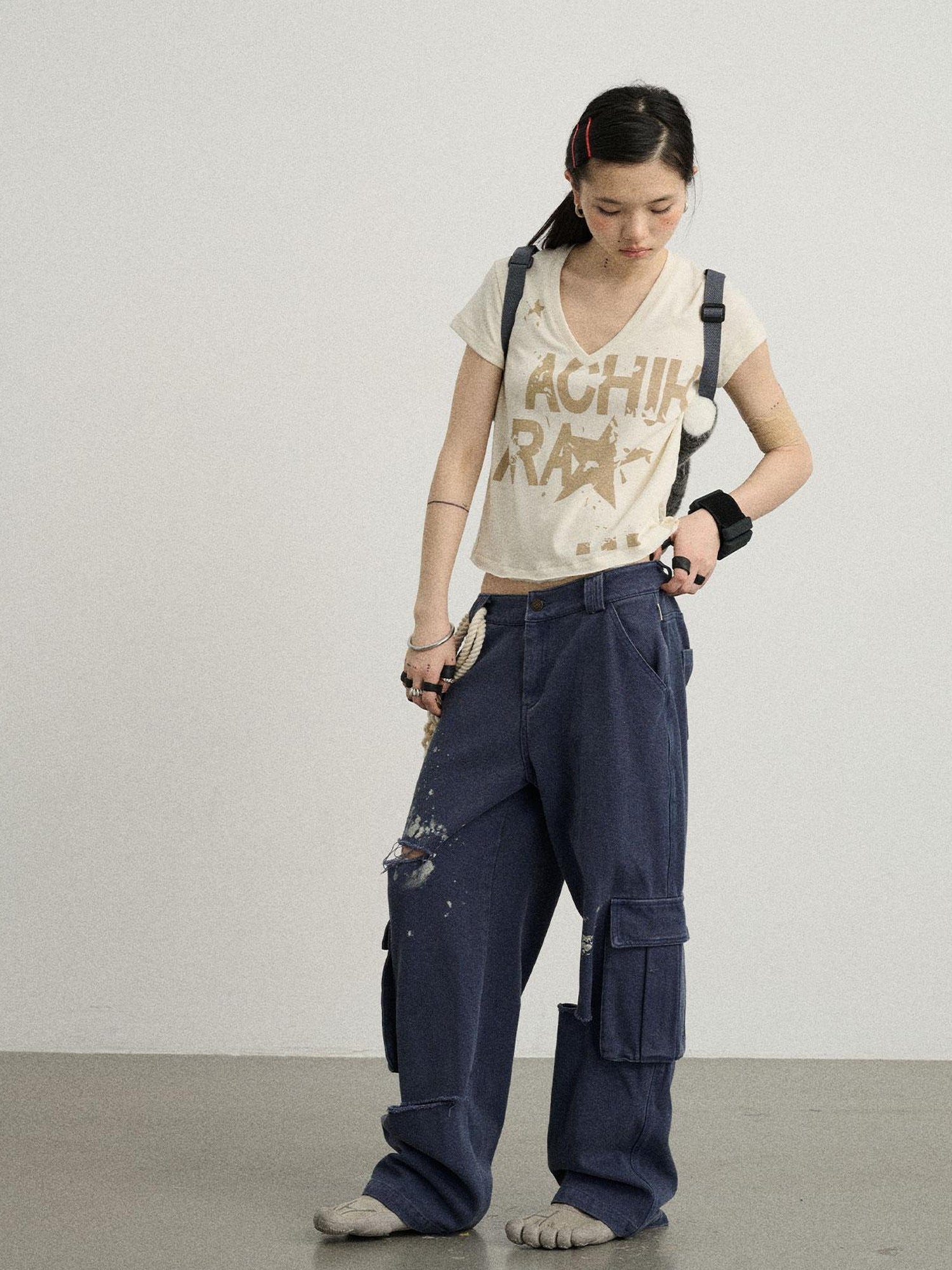 Achihara V-Neck Frayed Hem Cotton Tee With Melted Fruit Print