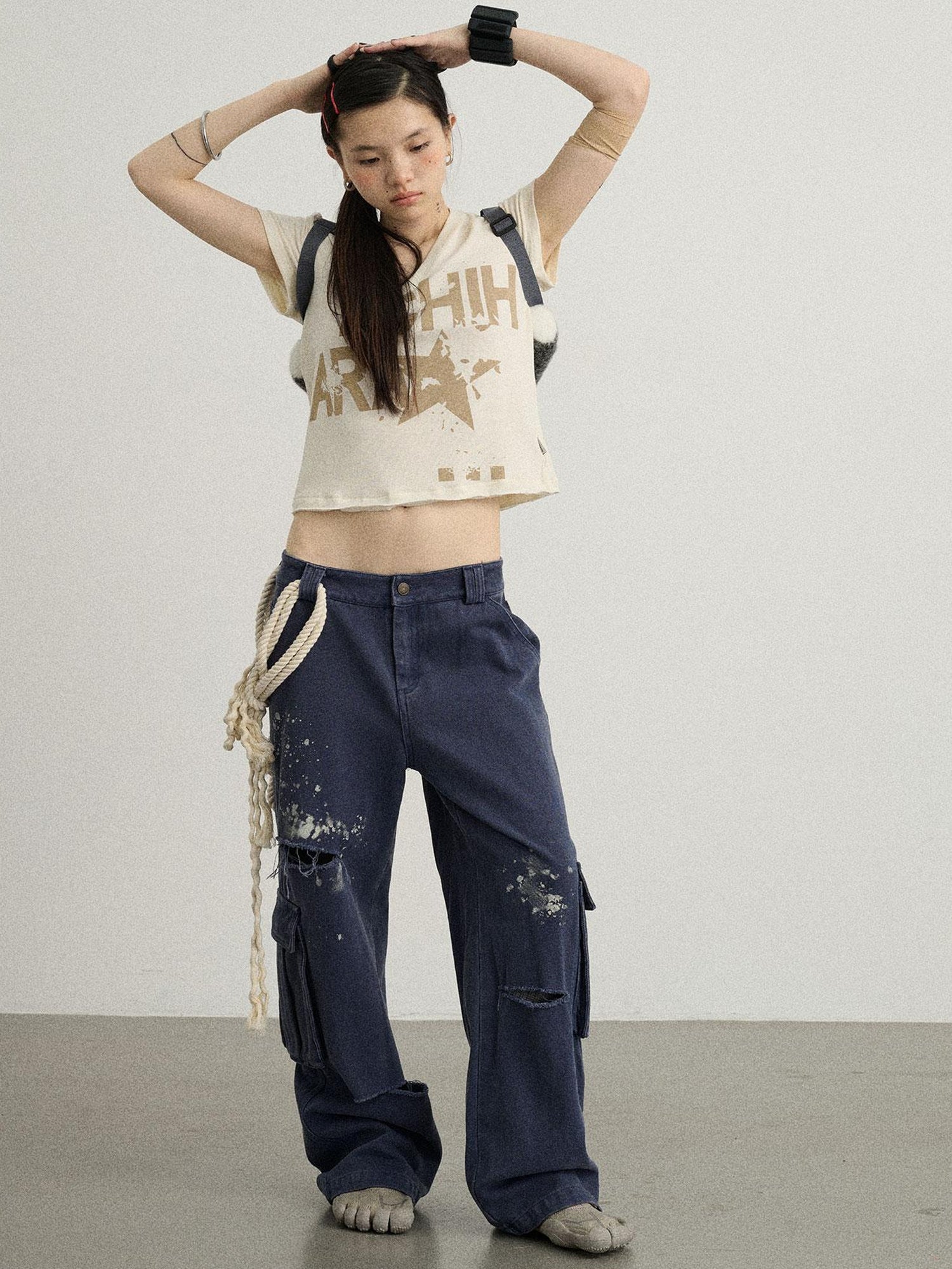 Achihara V-Neck Frayed Hem Cotton Tee With Melted Fruit Print
