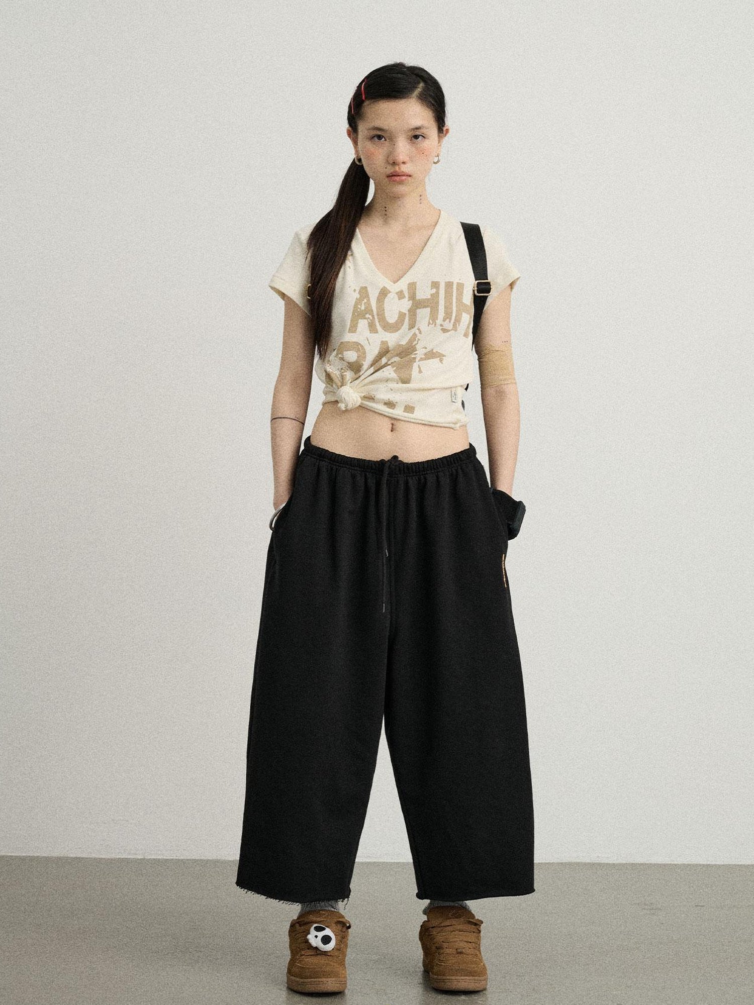 Achihara V-Neck Frayed Hem Cotton Tee With Melted Fruit Print