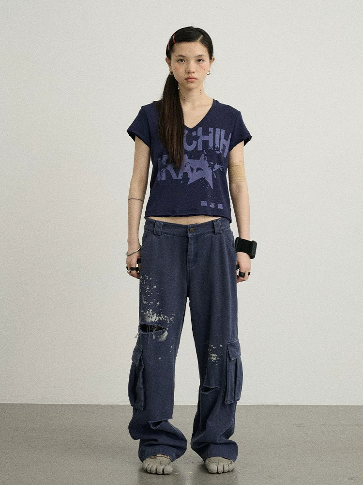 Achihara V-Neck Frayed Hem Cotton Tee With Melted Fruit Print-3