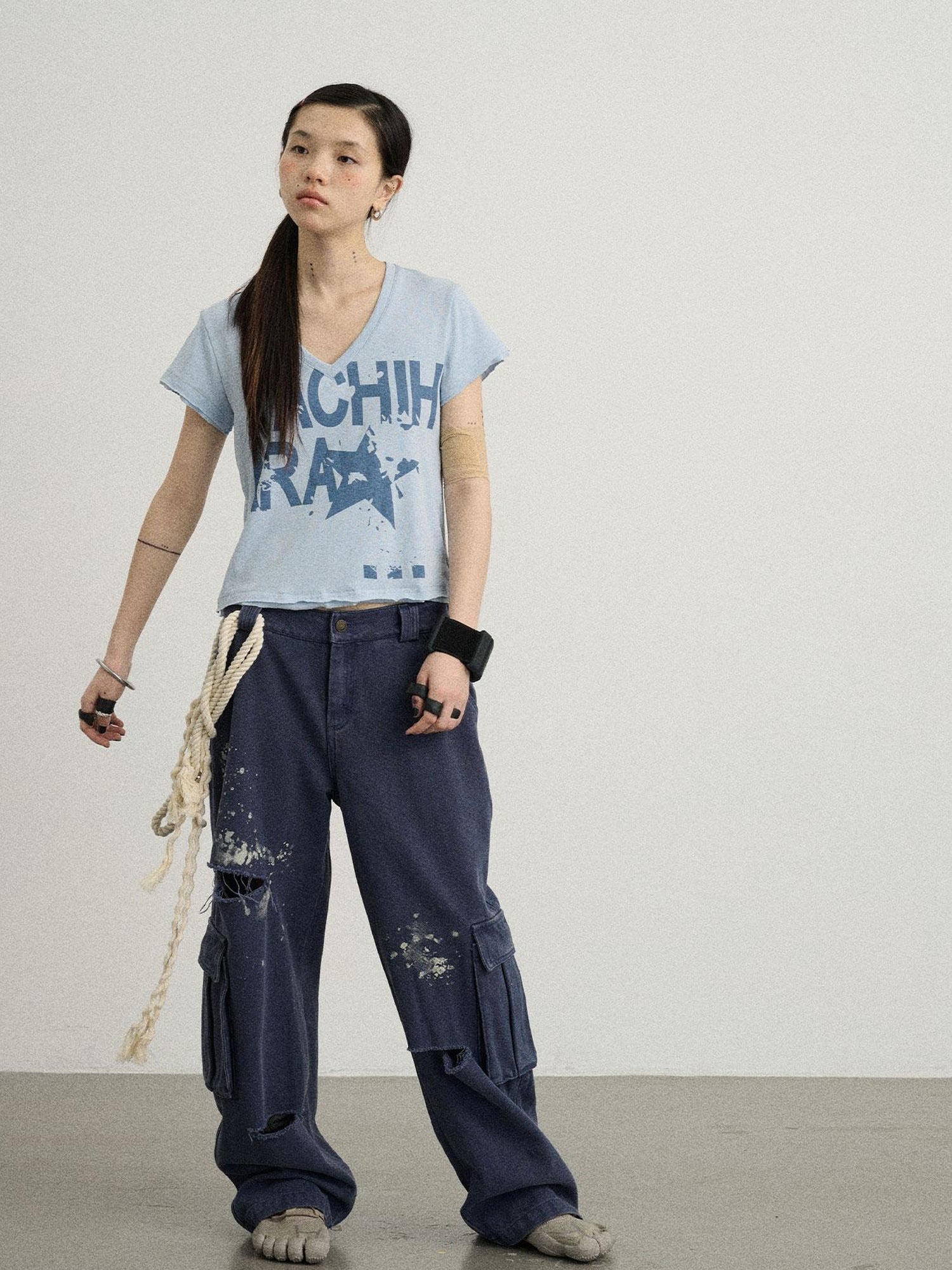 Achihara V-Neck Frayed Hem Cotton Tee With Melted Fruit Print