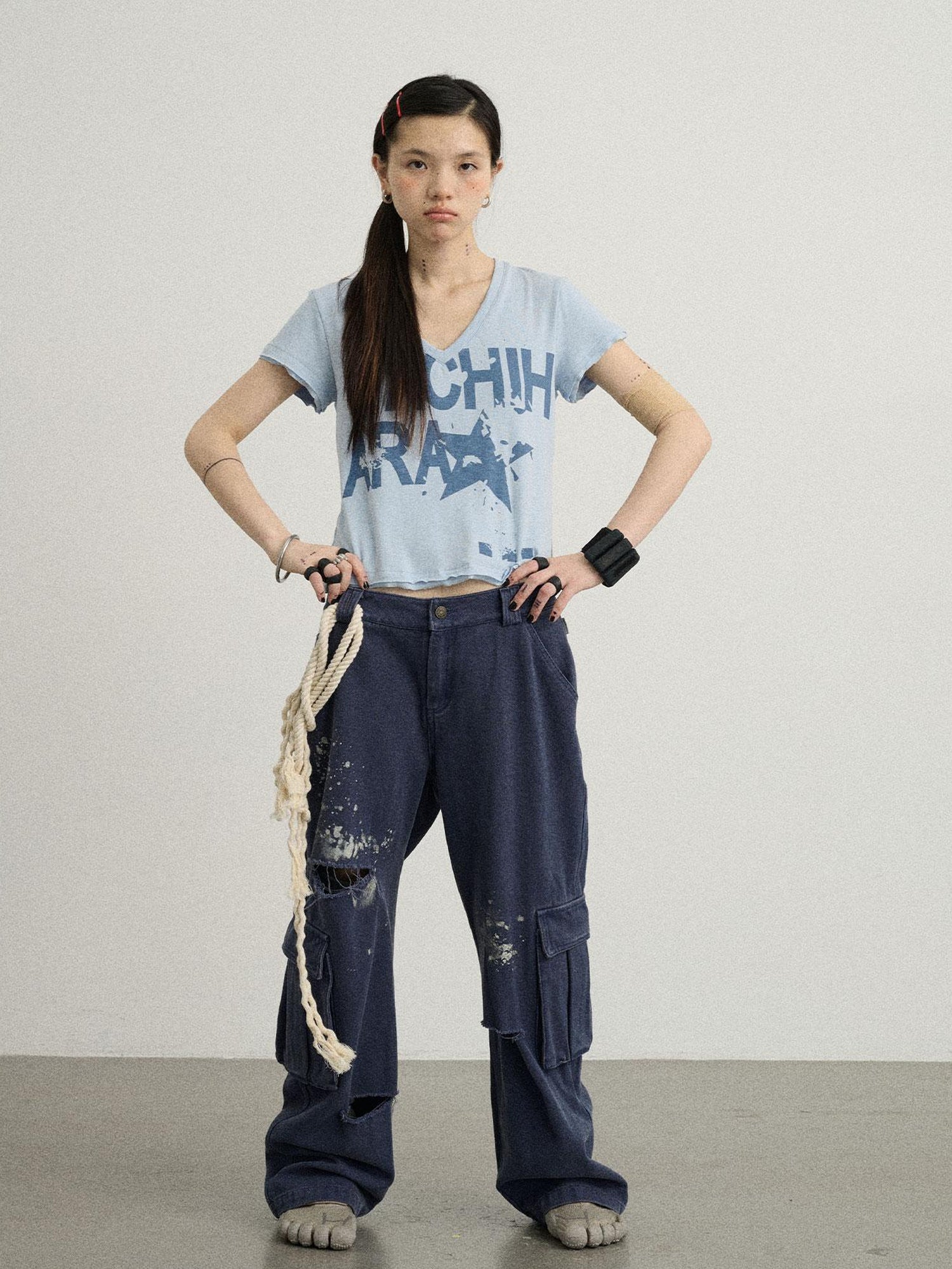 Achihara V-Neck Frayed Hem Cotton Tee With Melted Fruit Print