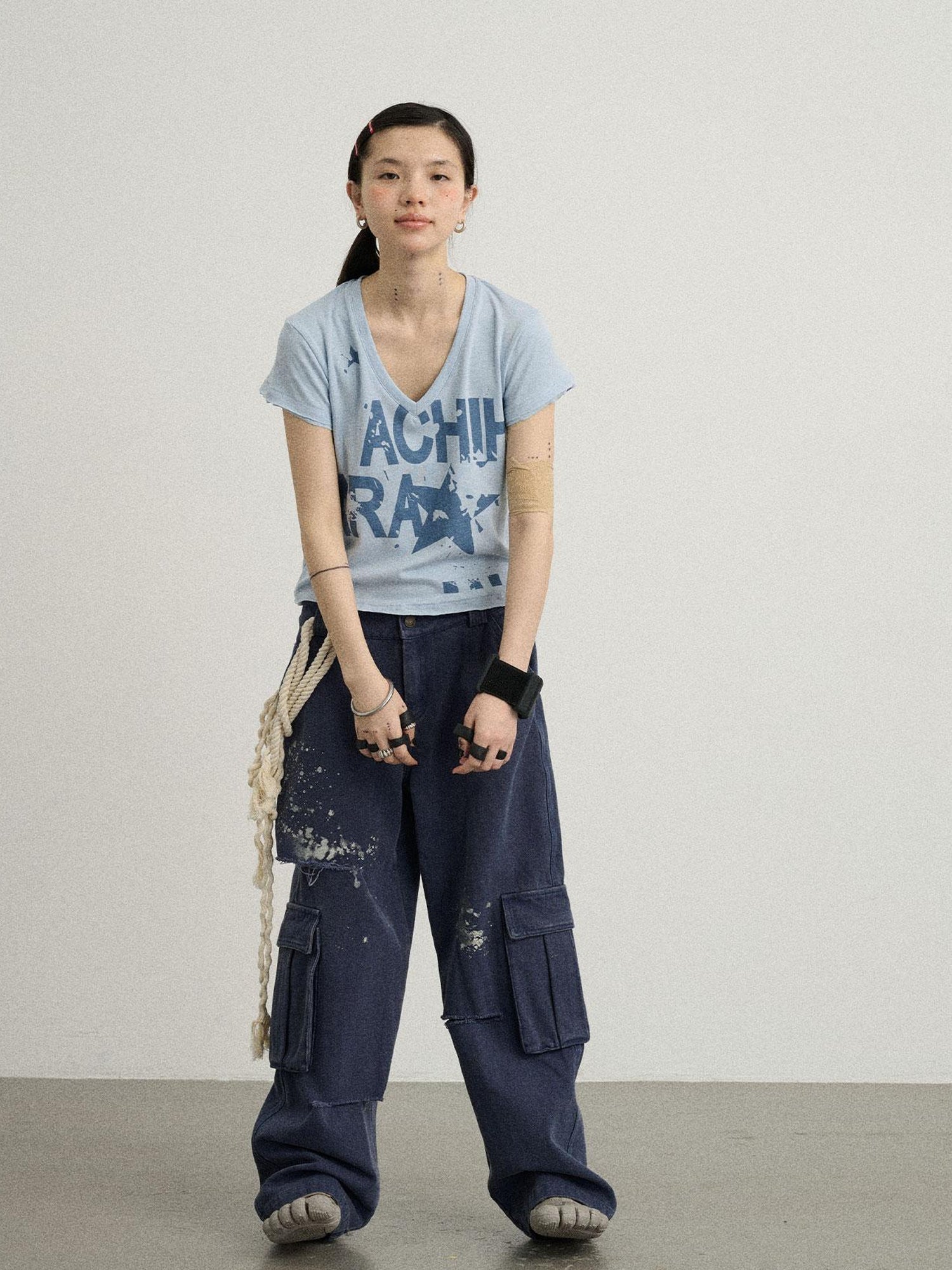 Achihara V-Neck Frayed Hem Cotton Tee With Melted Fruit Print