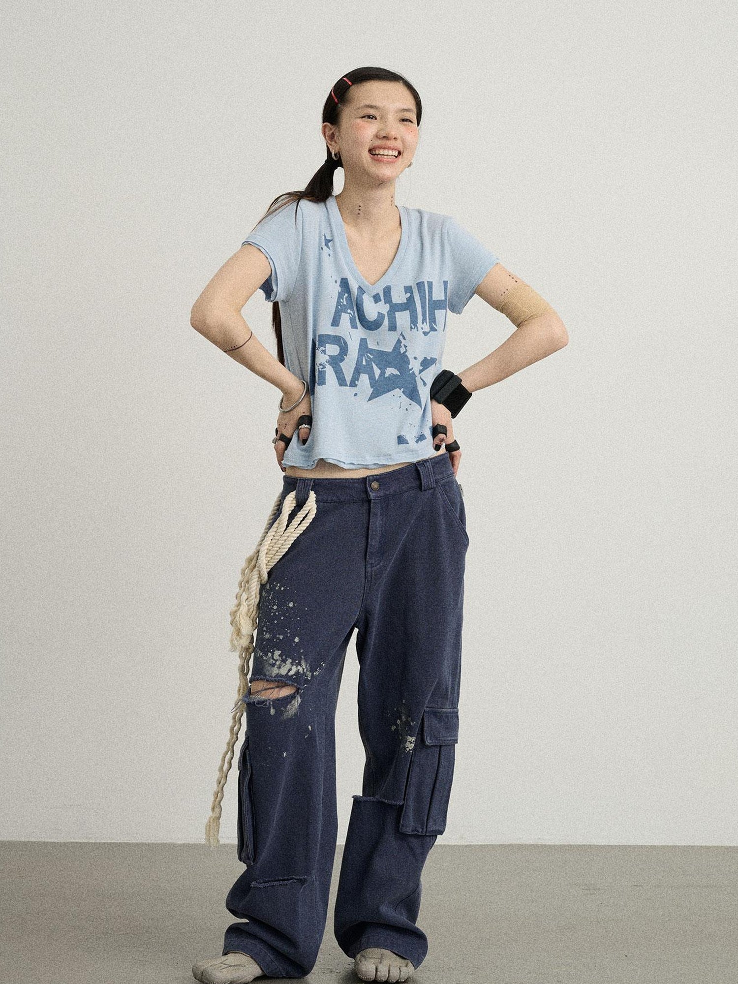 Achihara V-Neck Frayed Hem Cotton Tee With Melted Fruit Print