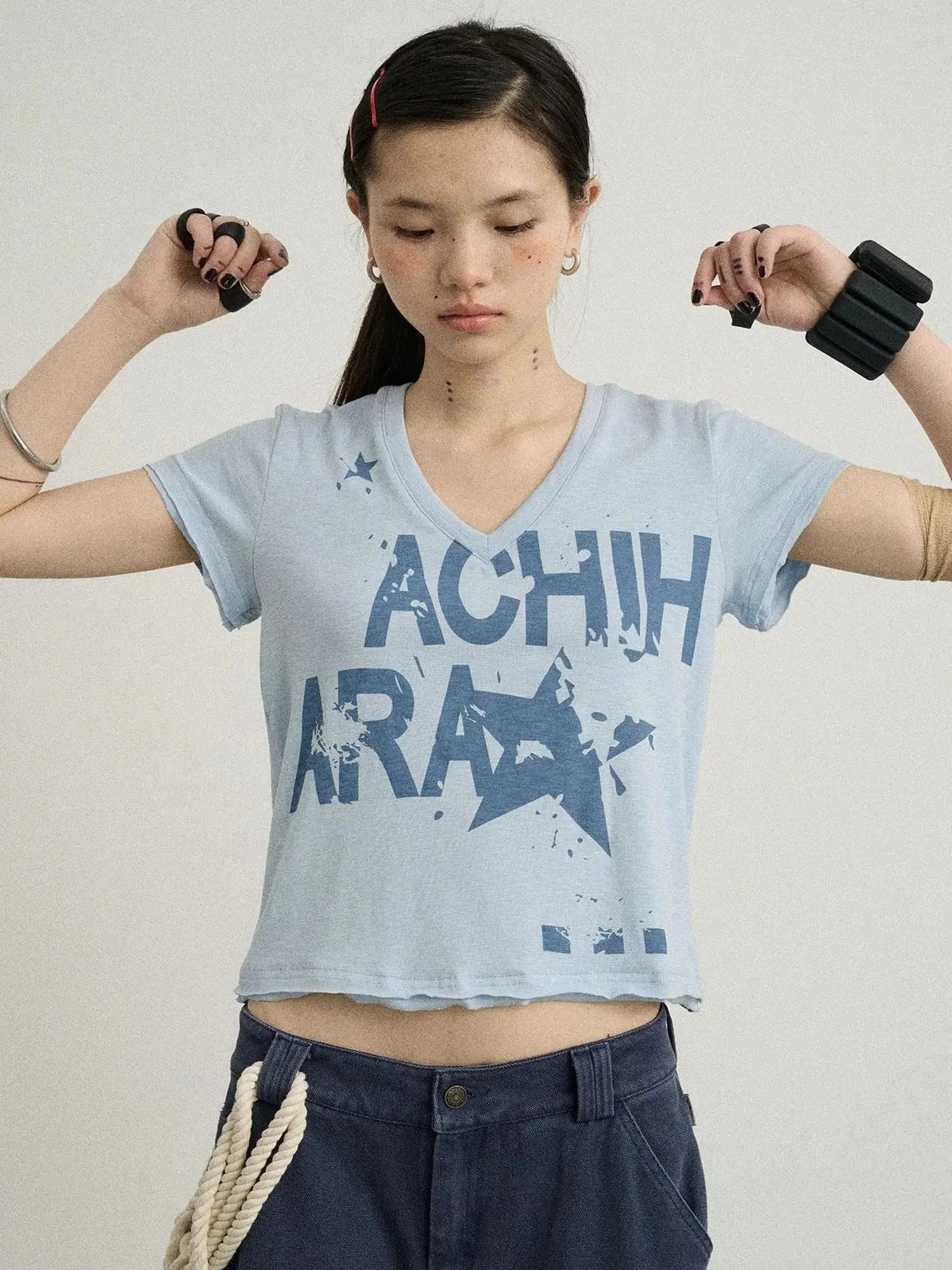 V-Neck Frayed Hem Cotton Tee With Melted Fruit Print