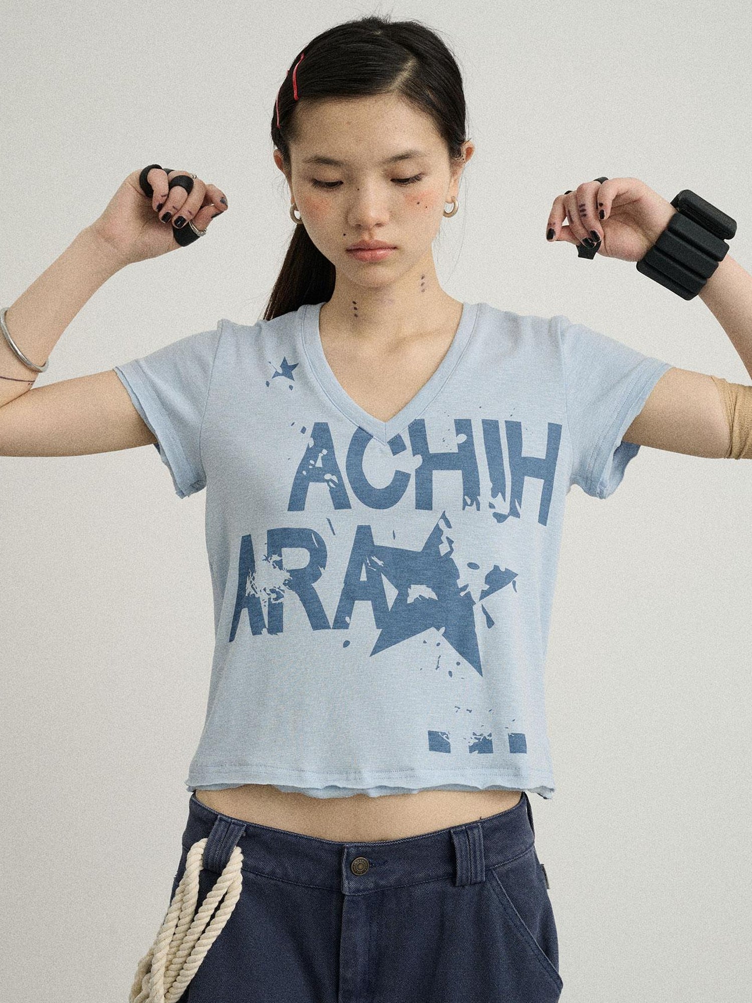 Achihara V-Neck Frayed Hem Cotton Tee With Melted Fruit Print