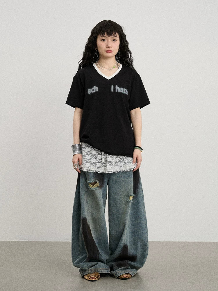 Achihara V-Neck Relaxed Tee With Melting Ice Design-1