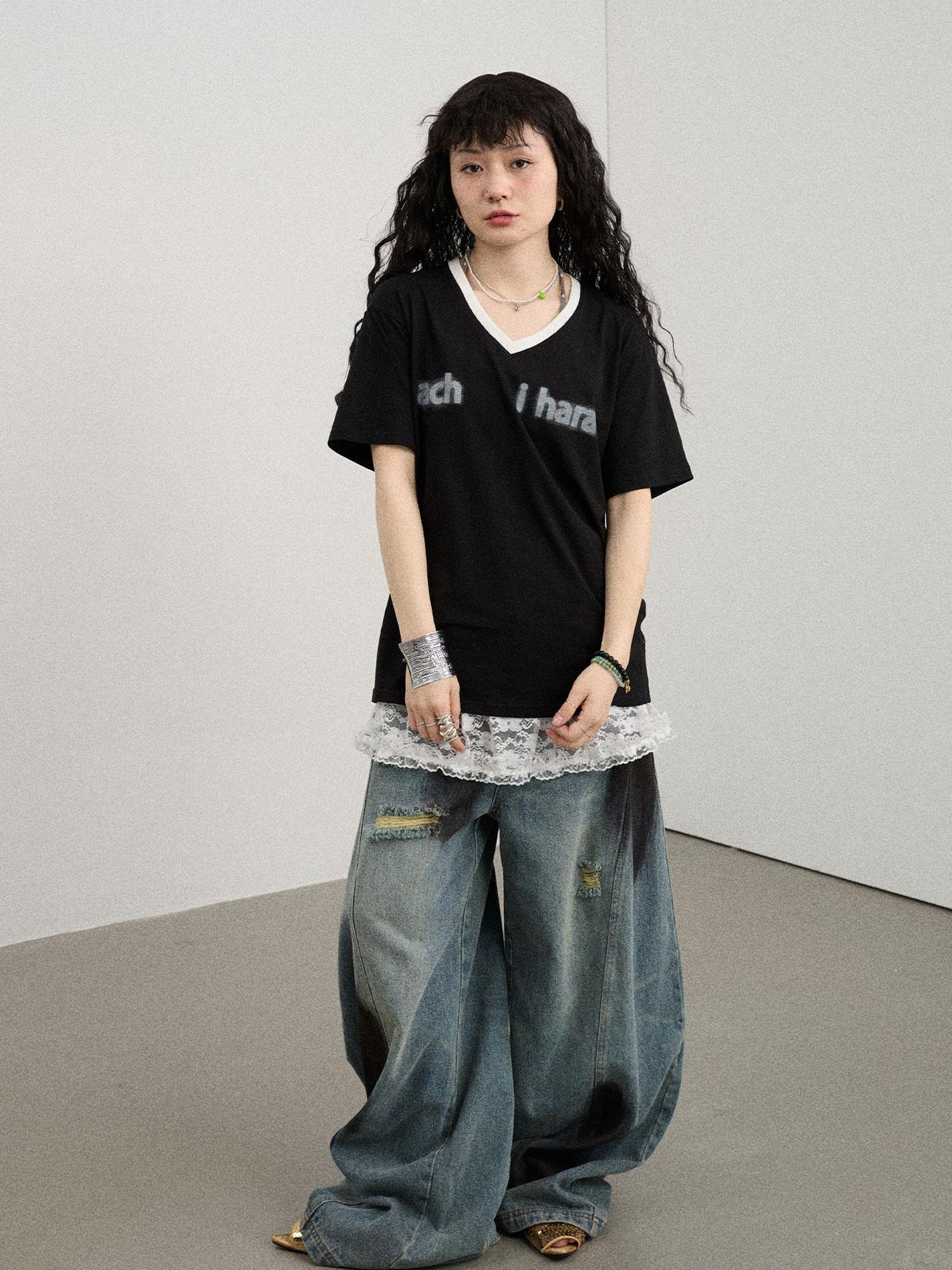 Achihara V-Neck Relaxed Tee With Melting Ice Design