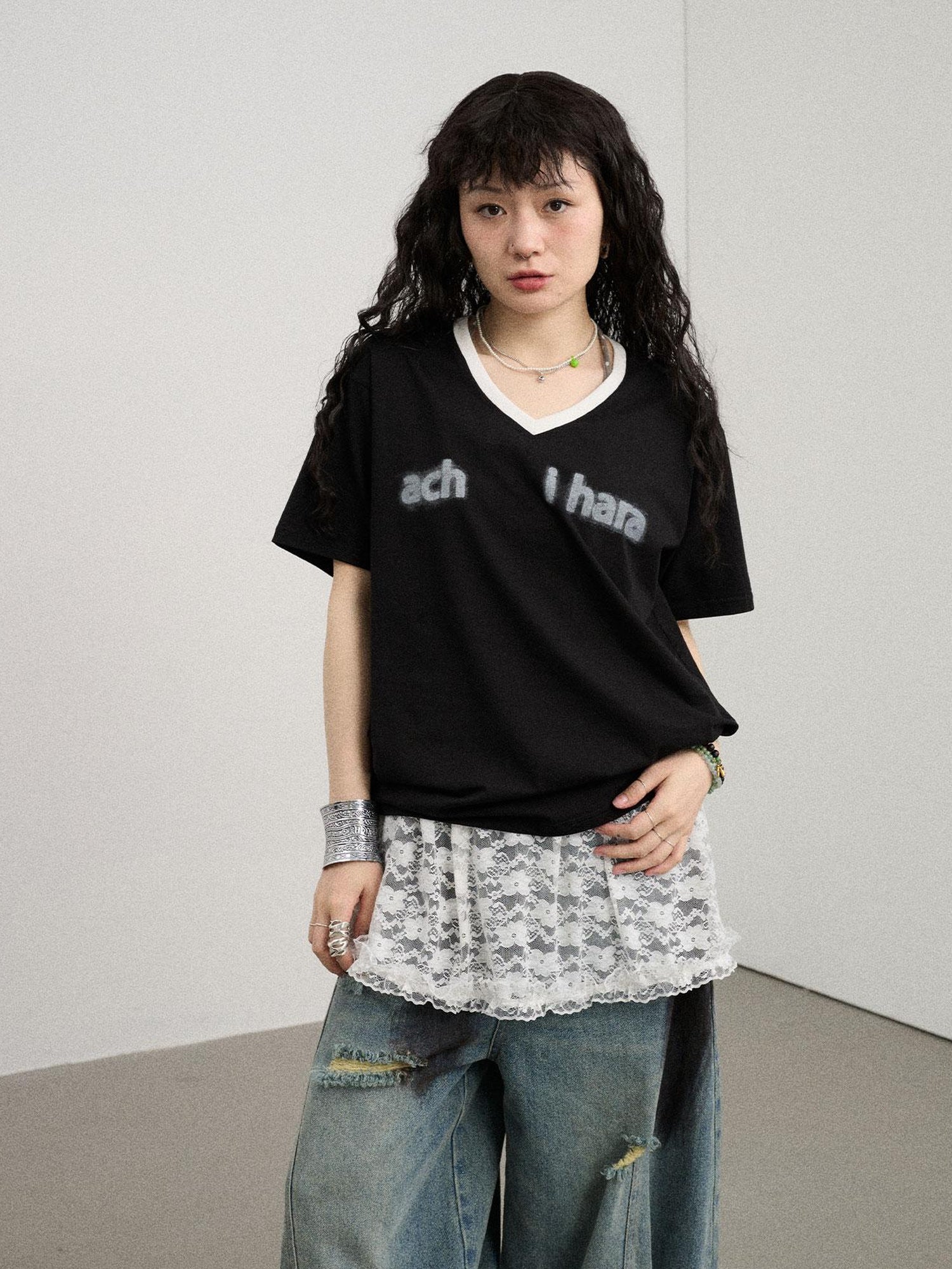 Achihara V-Neck Relaxed Tee With Melting Ice Design