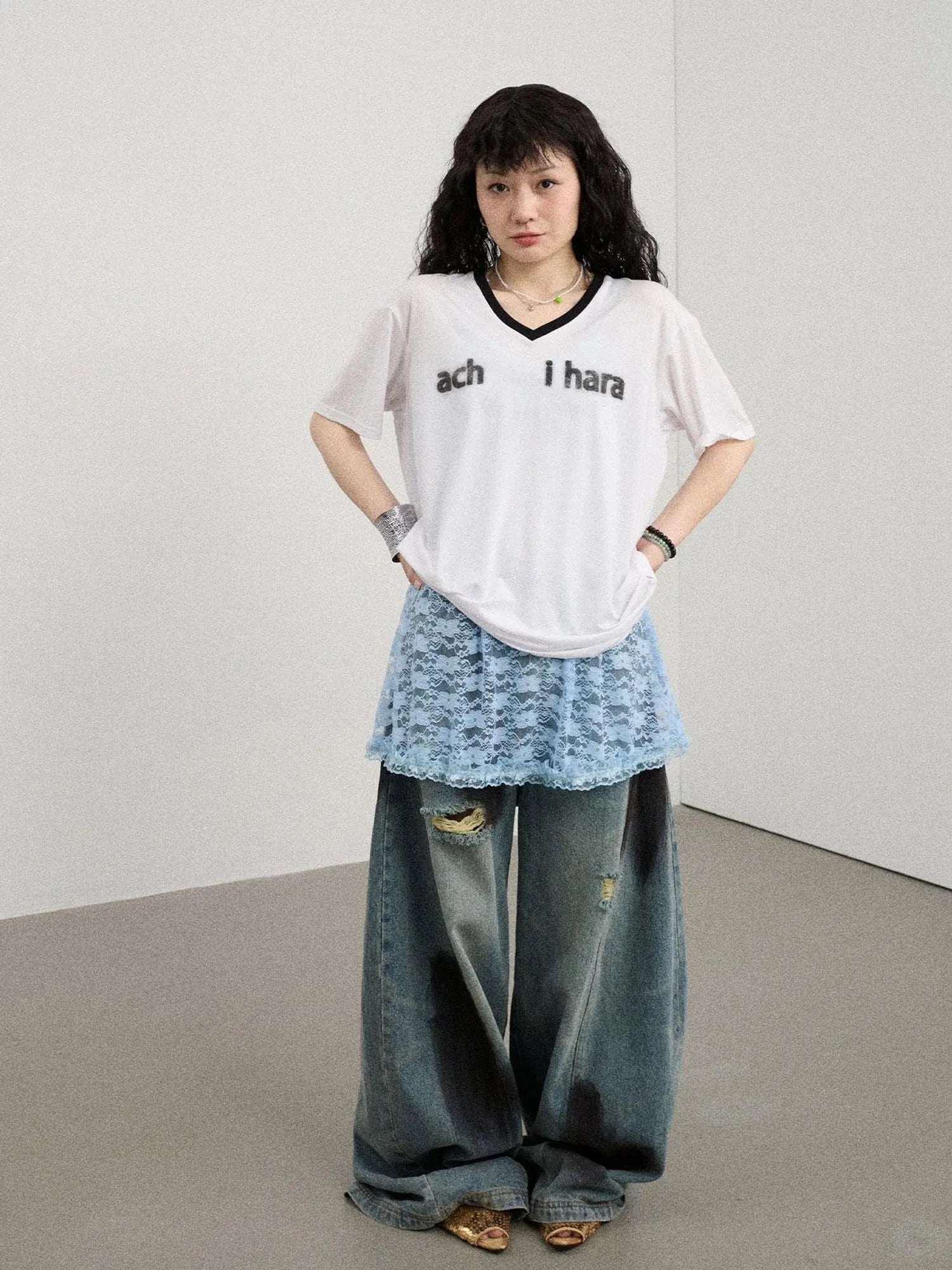 V-Neck Relaxed Tee With Melting Ice Design