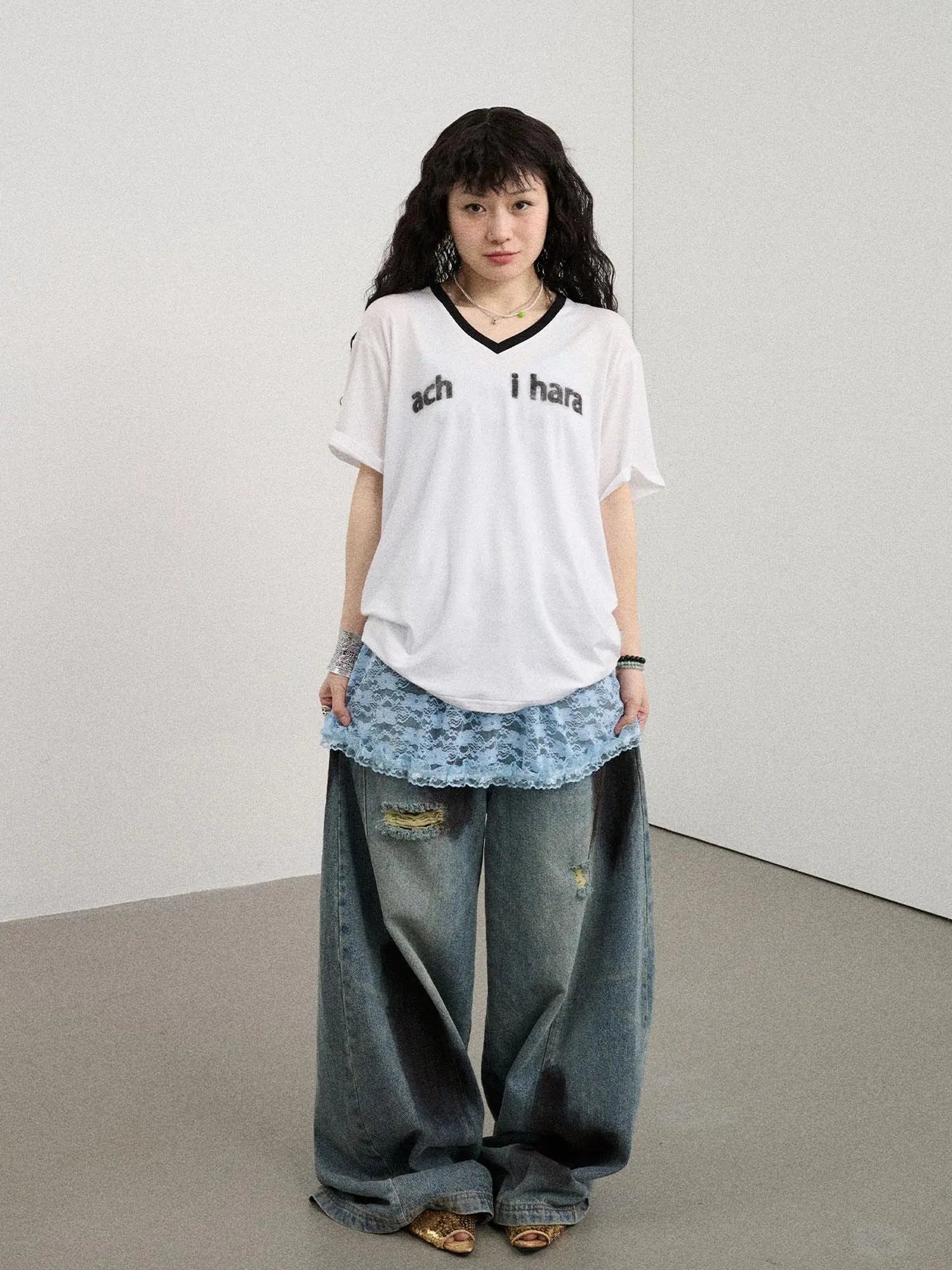 V-Neck Relaxed Tee With Melting Ice Design