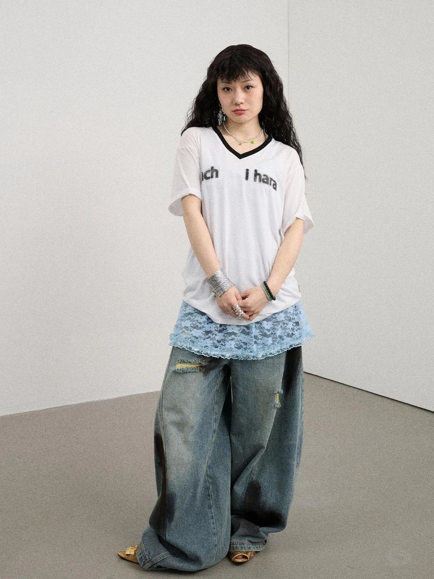 V-Neck Relaxed Tee With Melting Ice Design
