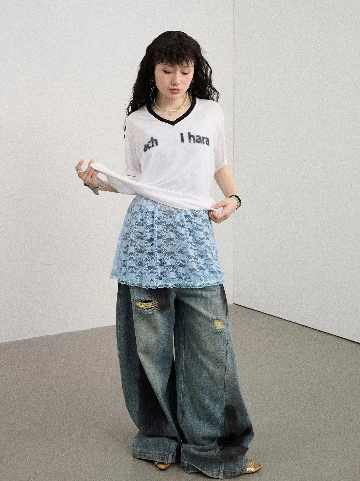 V-Neck Relaxed Tee With Melting Ice Design
