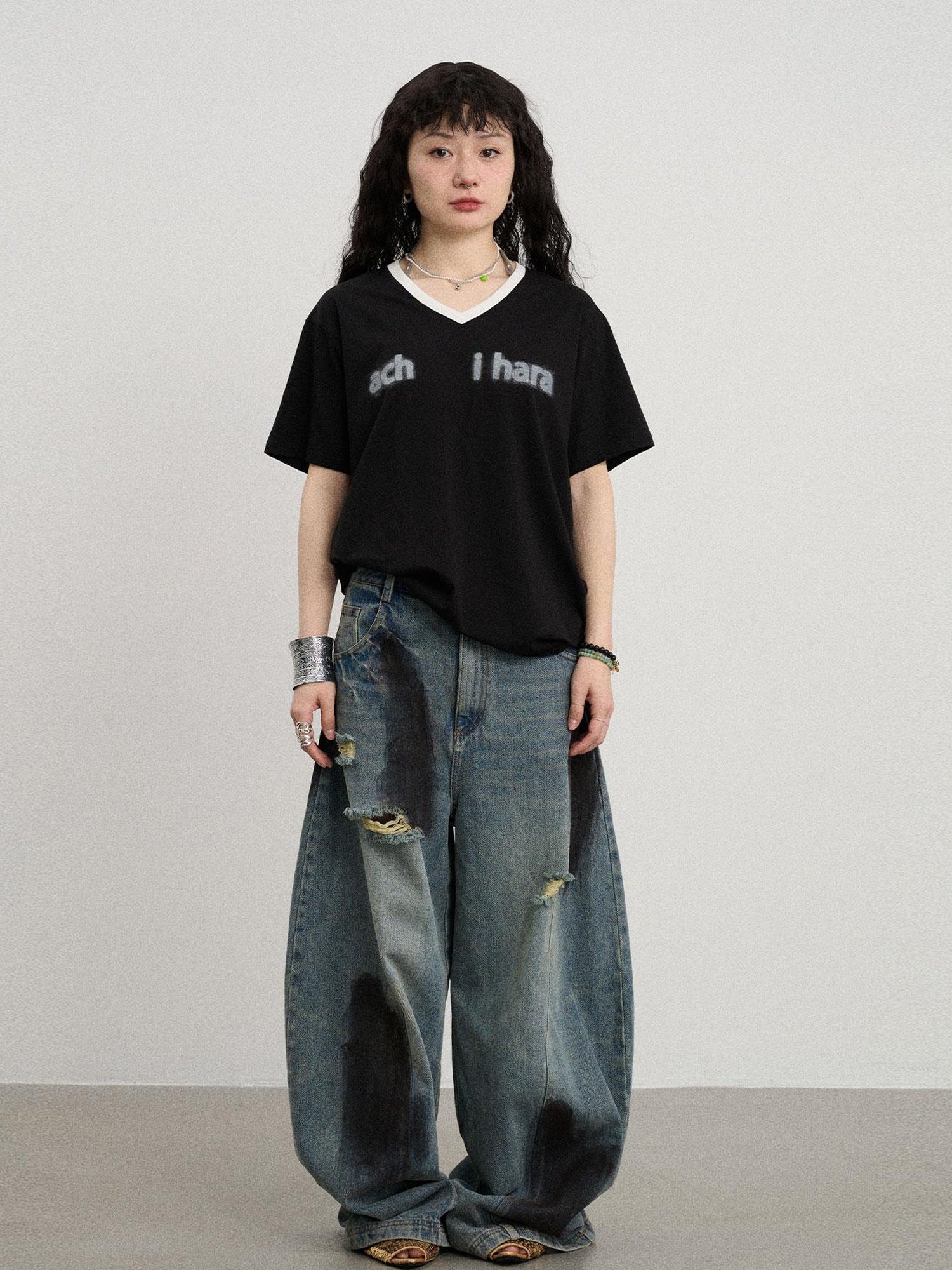 Achihara V-Neck Relaxed Tee With Melting Ice Design