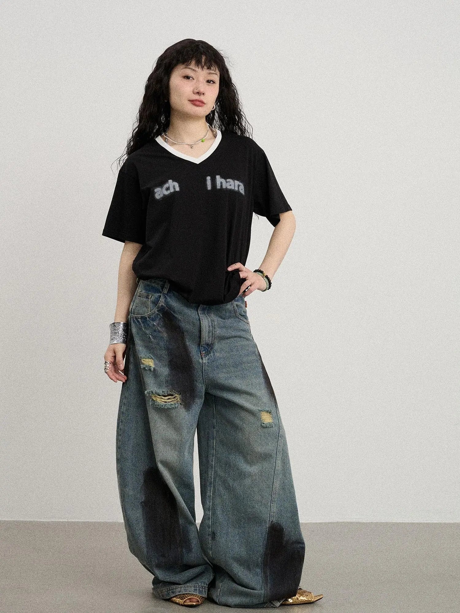 V-Neck Relaxed Tee With Melting Ice Design