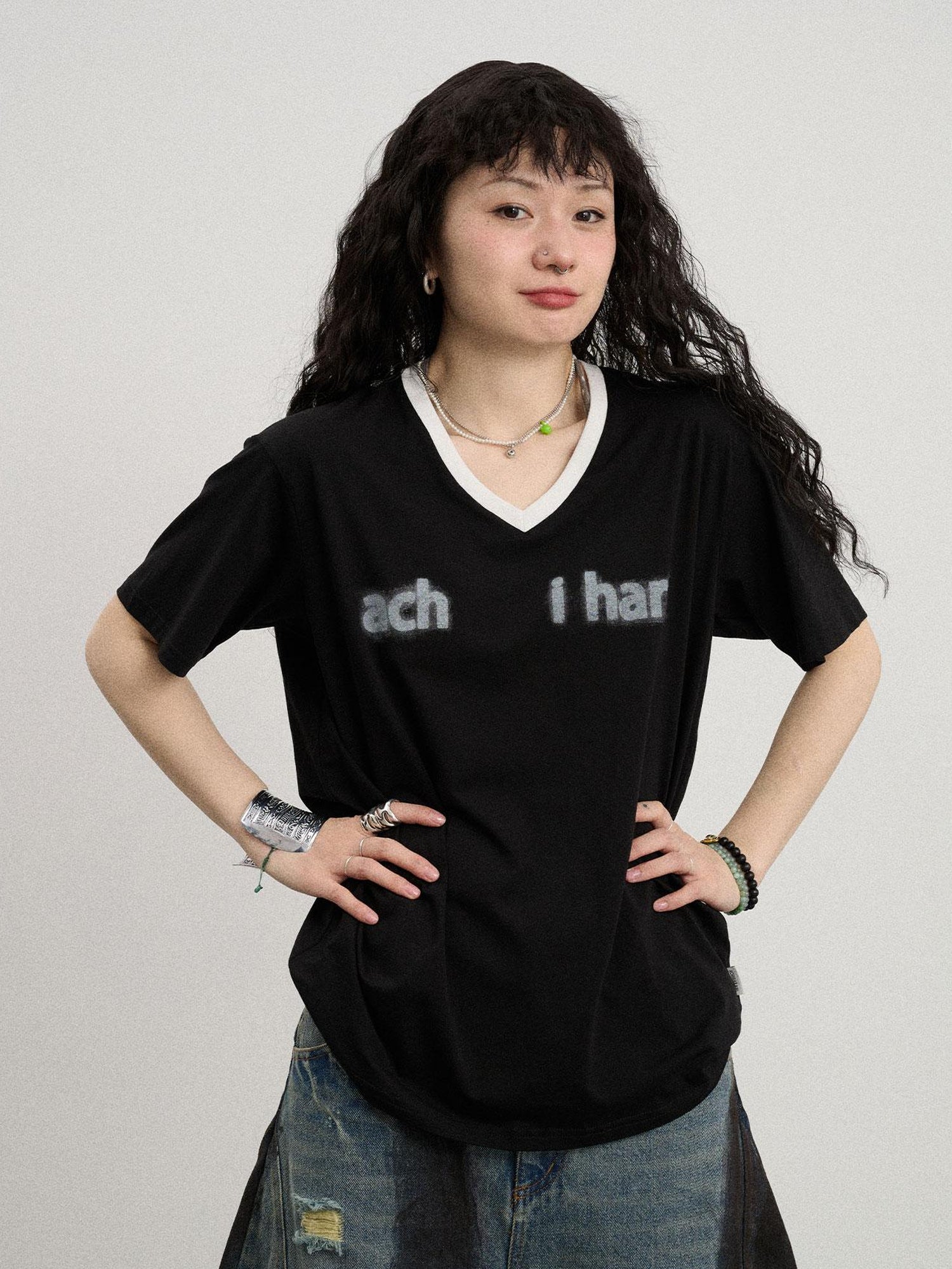 Achihara V-Neck Relaxed Tee With Melting Ice Design