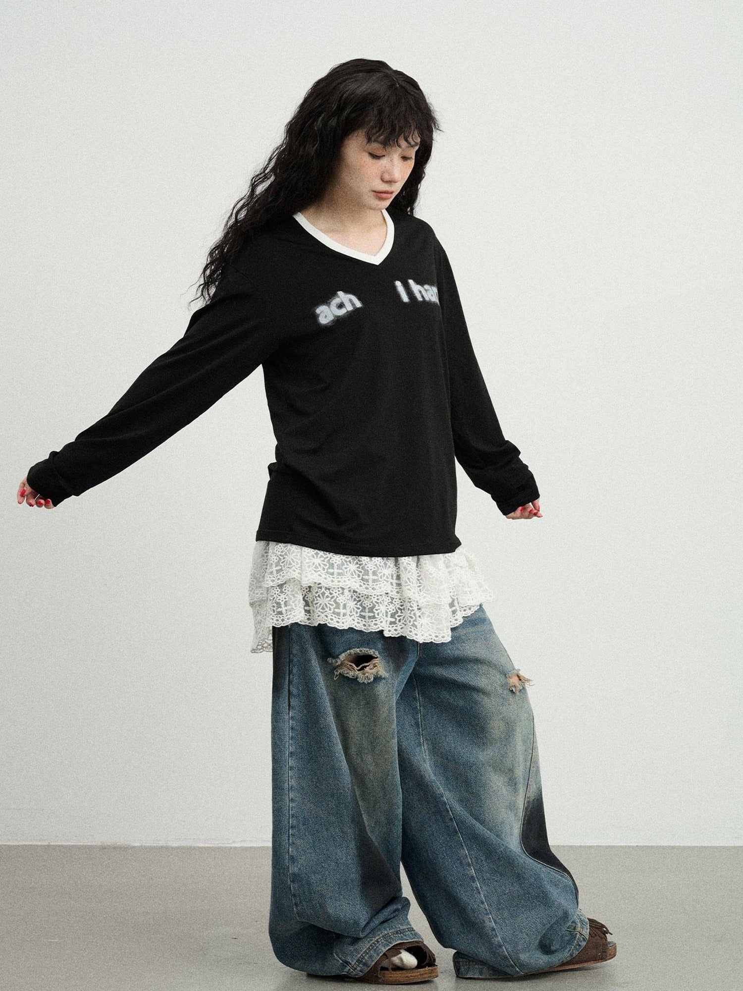 Achihara V-Neck Relaxed Tee With Melting Ice Design