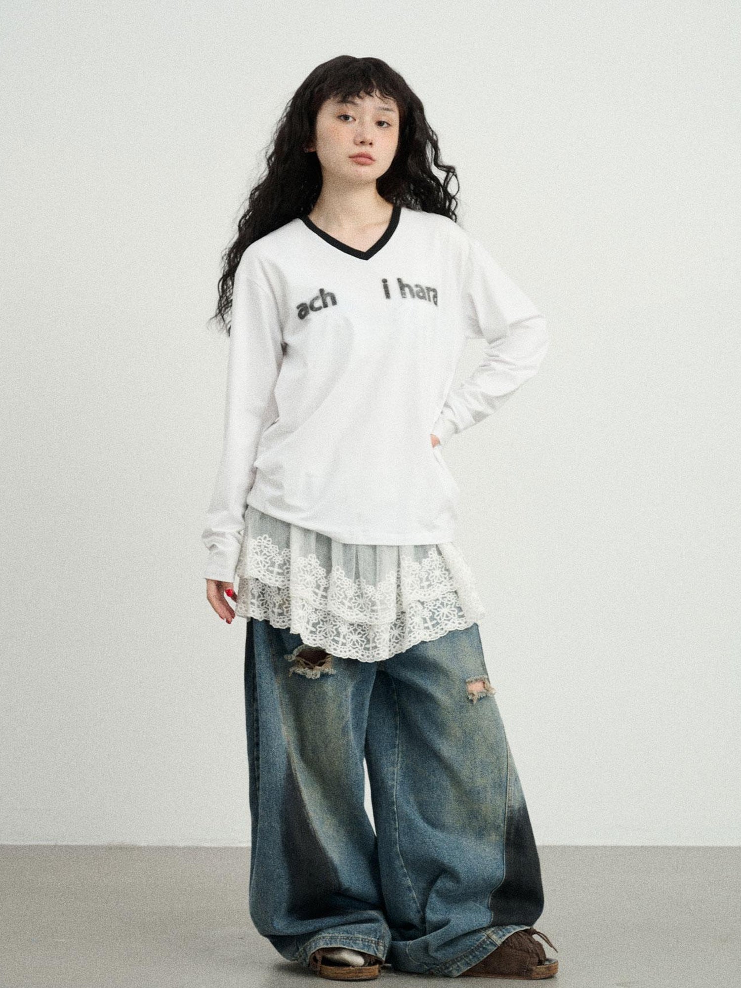Achihara V-Neck Relaxed Tee With Melting Ice Design