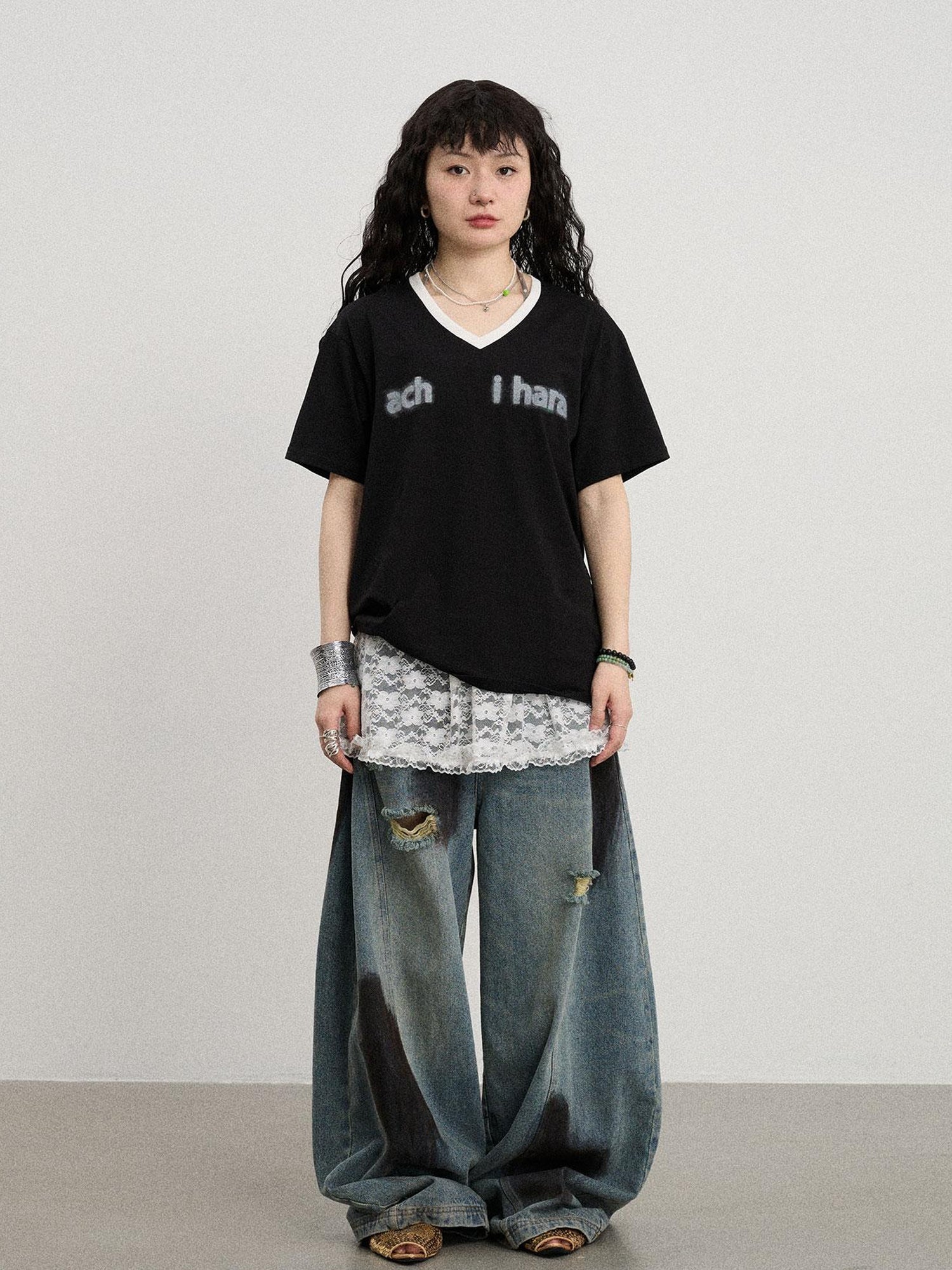 Achihara V-Neck Relaxed Tee With Melting Ice Design