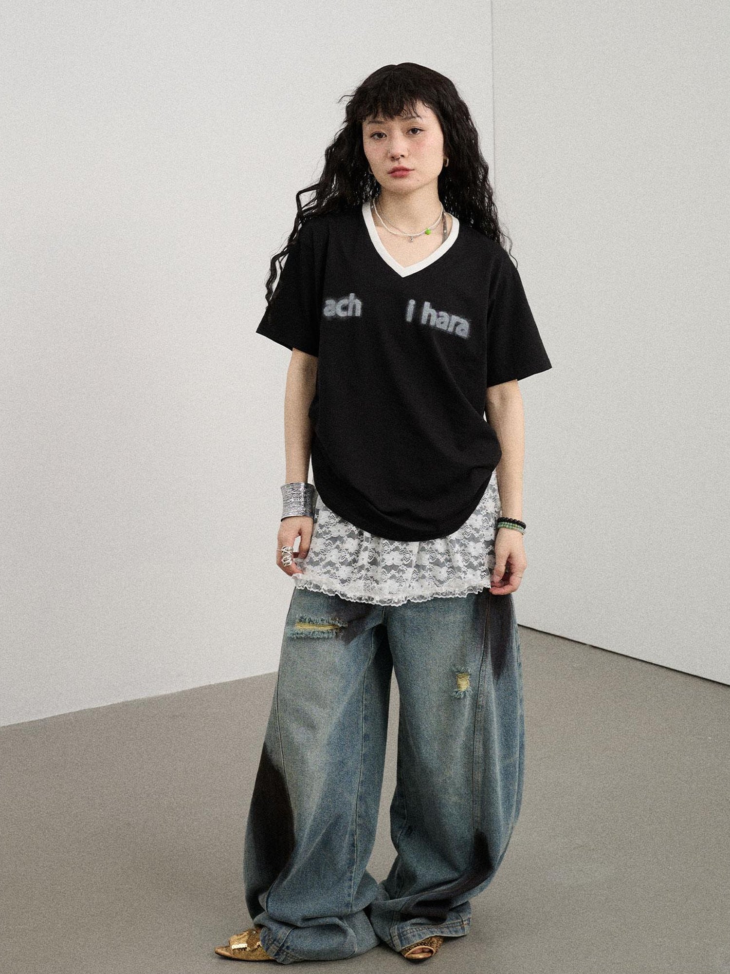 Achihara V-Neck Relaxed Tee With Melting Ice Design