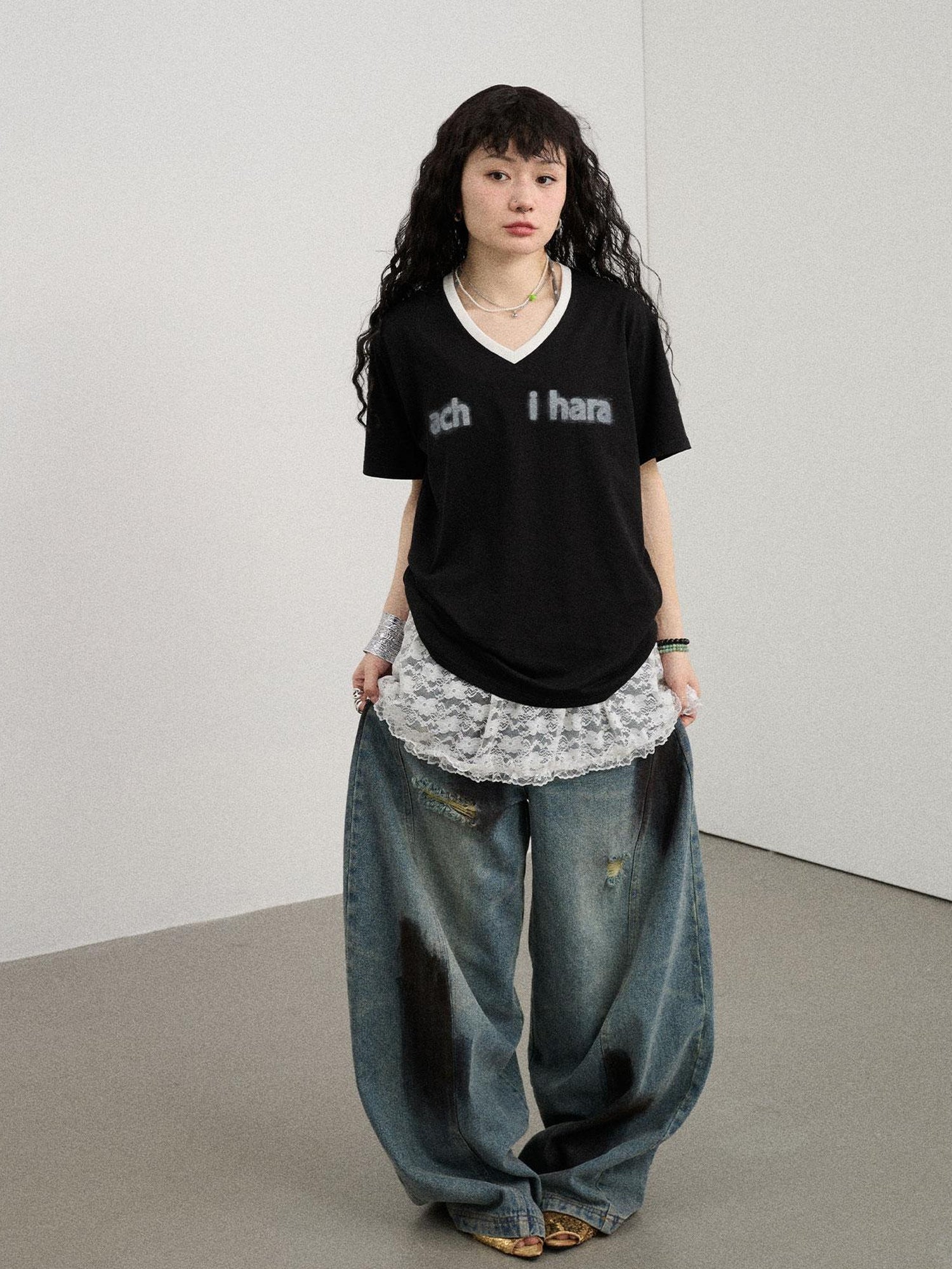 Achihara V-Neck Relaxed Tee With Melting Ice Design