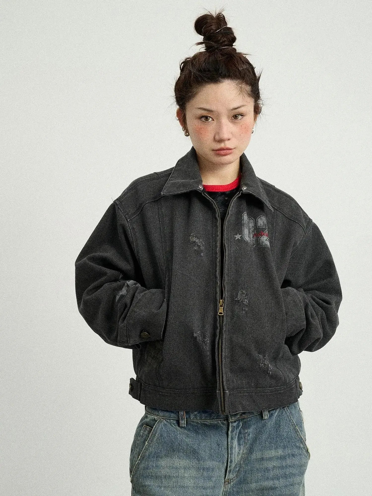 Vintage Cropped Denim Jacket With Detachable Fur Collar