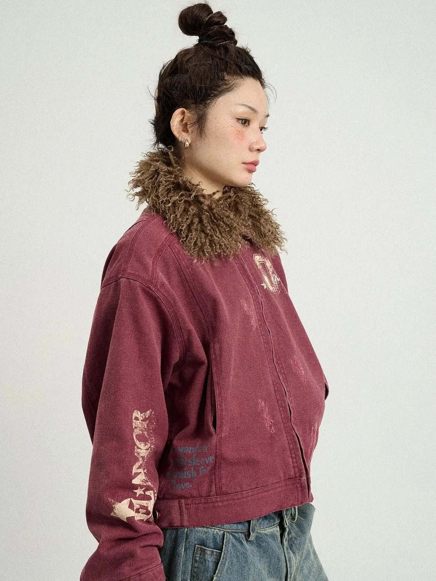 Vintage Cropped Denim Jacket With Detachable Fur Collar