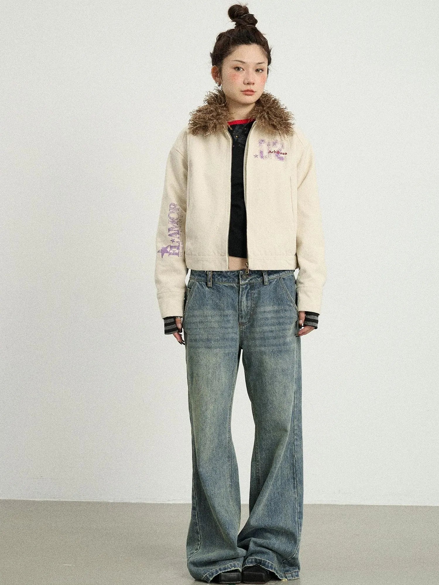 Vintage Cropped Denim Jacket With Detachable Fur Collar