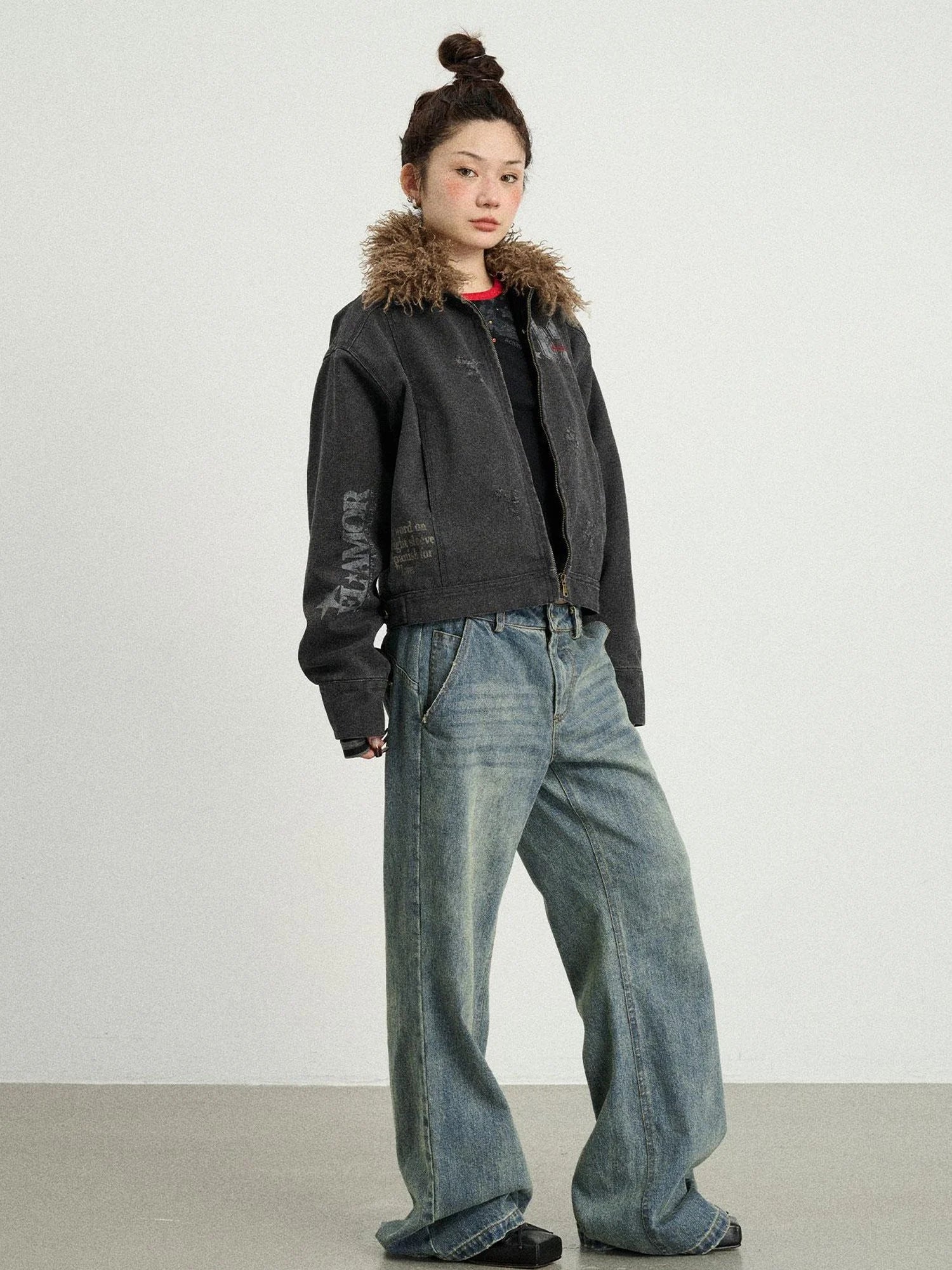 Vintage Cropped Denim Jacket With Detachable Fur Collar