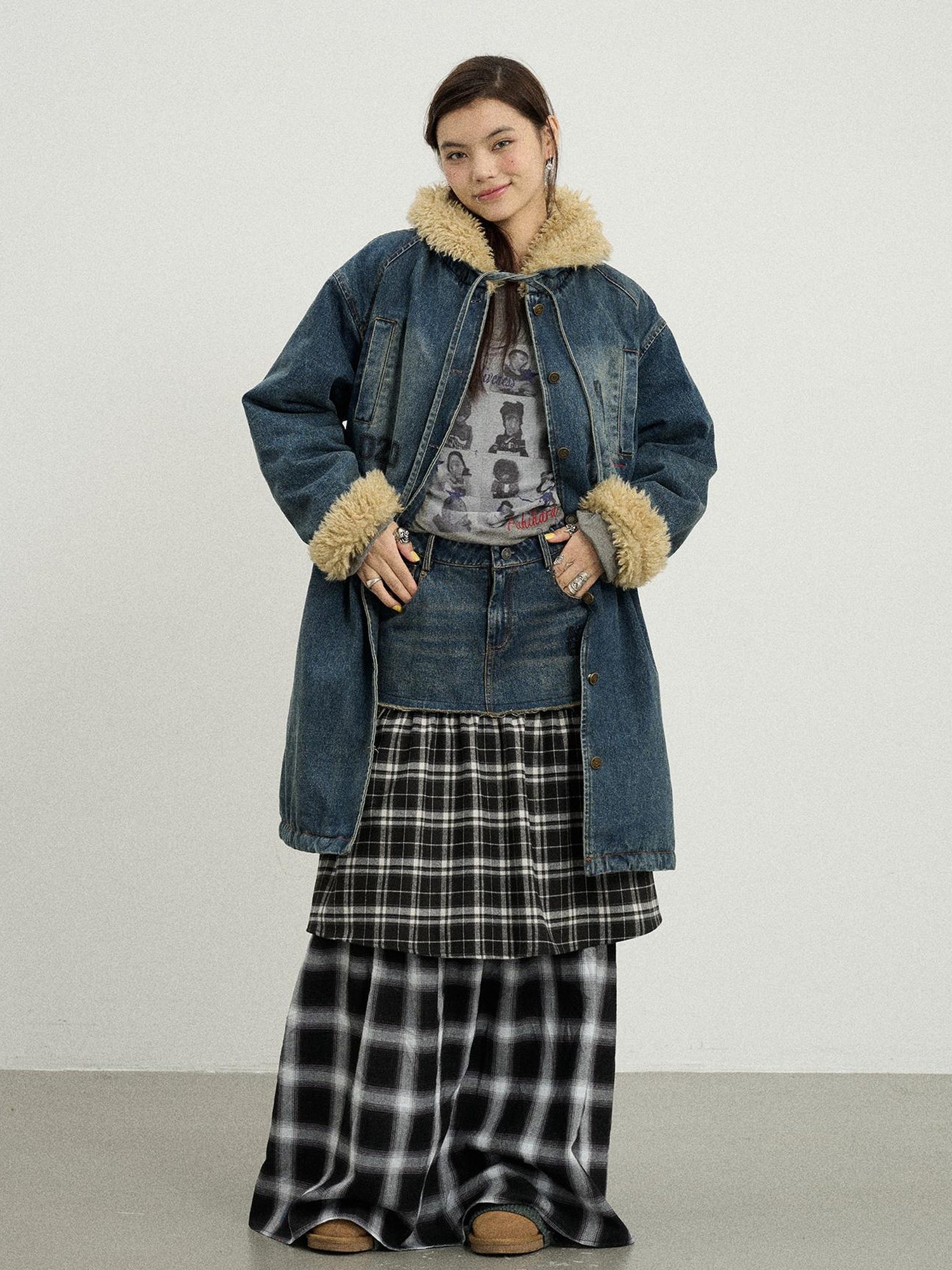 Achihara Vintage Denim Coat With Sherpa Lining