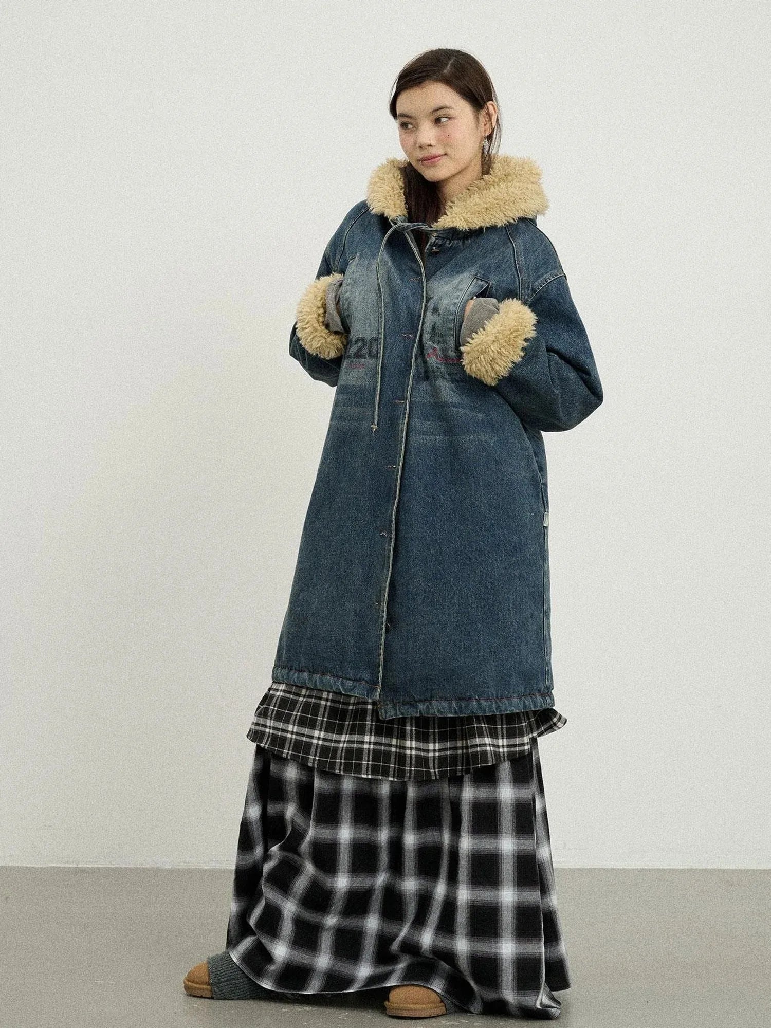 Vintage Denim Coat With Sherpa Lining