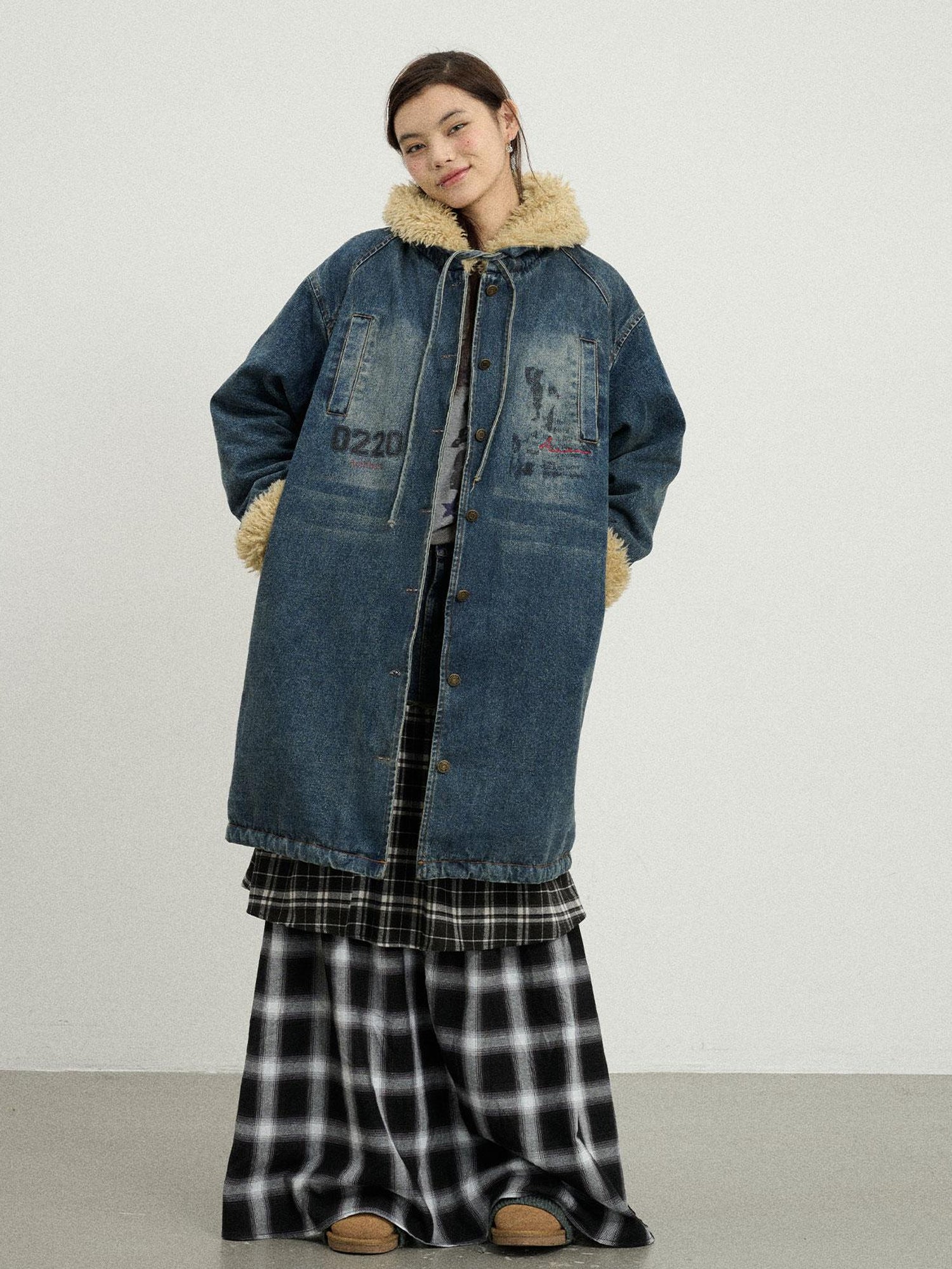 Achihara Vintage Denim Coat With Sherpa Lining