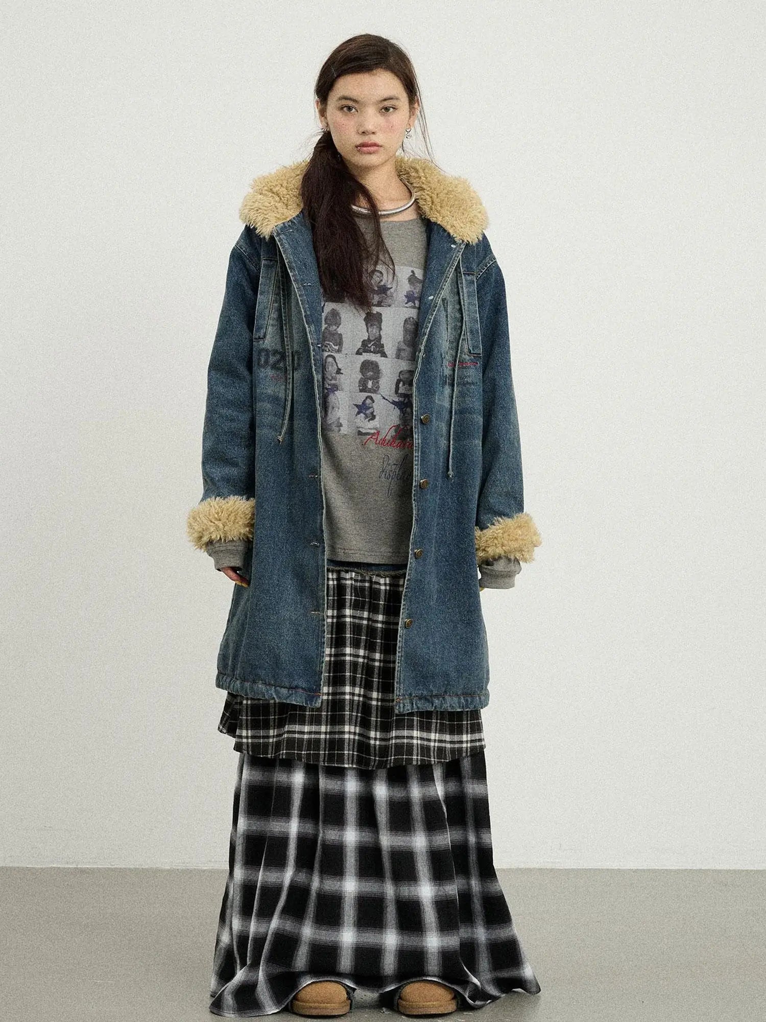 Vintage Denim Coat With Sherpa Lining