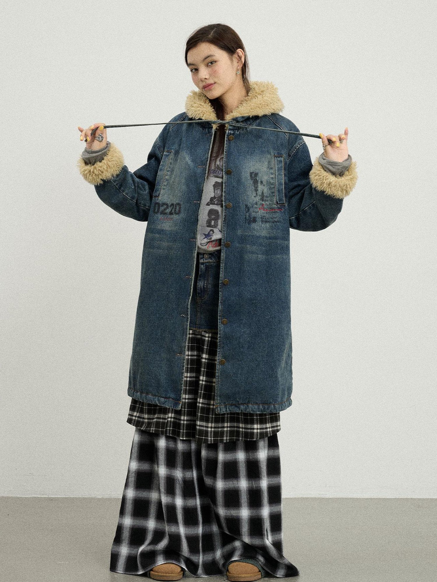Achihara Vintage Denim Coat With Sherpa Lining