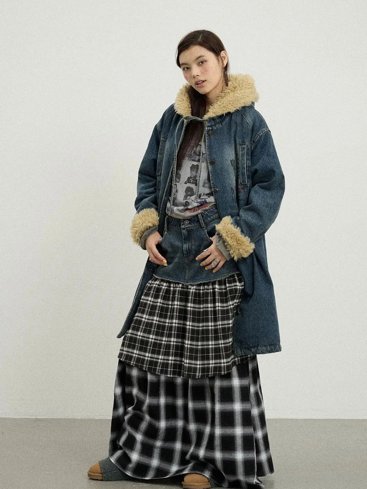 Vintage Denim Coat With Sherpa Lining