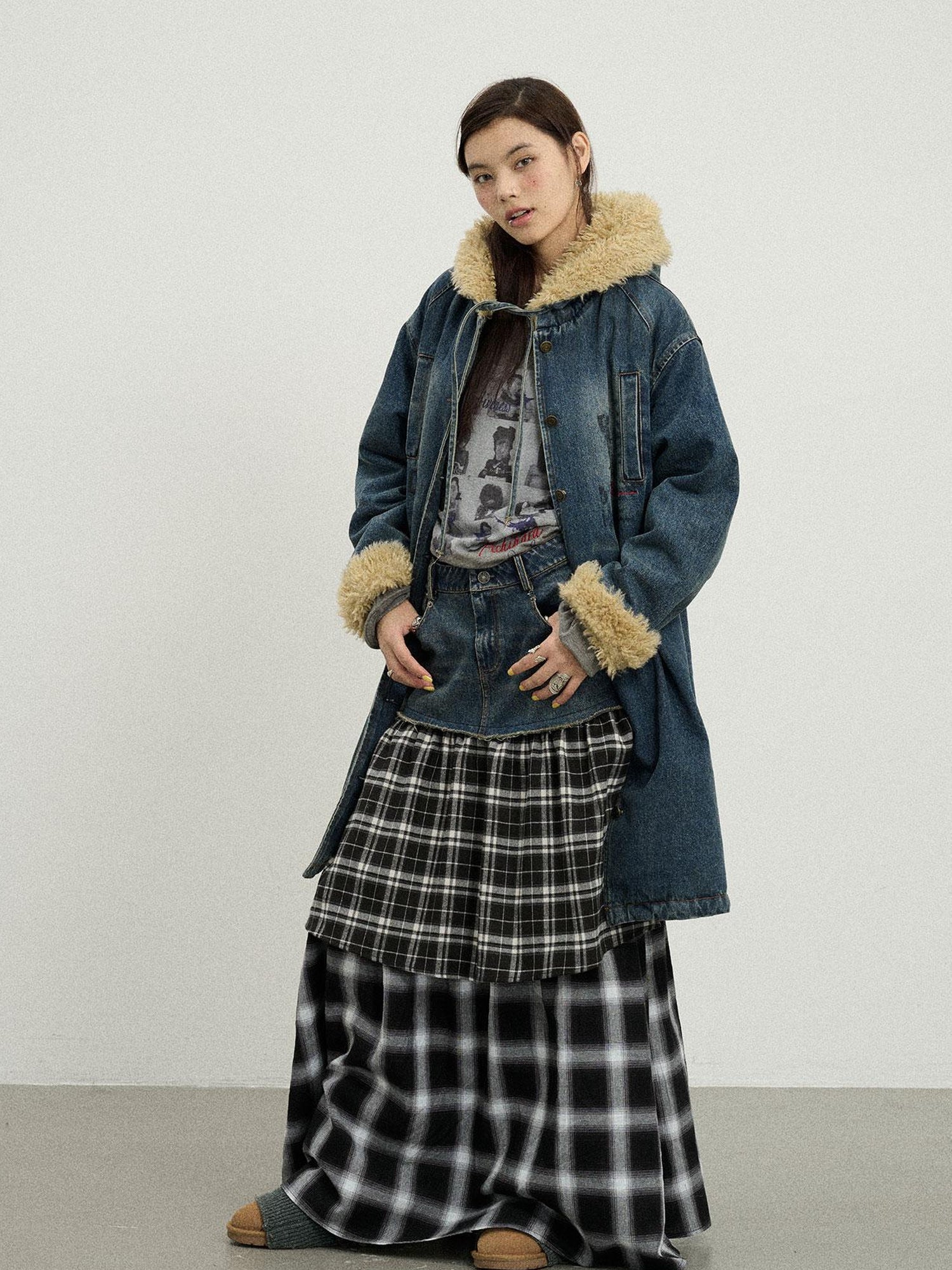 Achihara Vintage Denim Coat With Sherpa Lining
