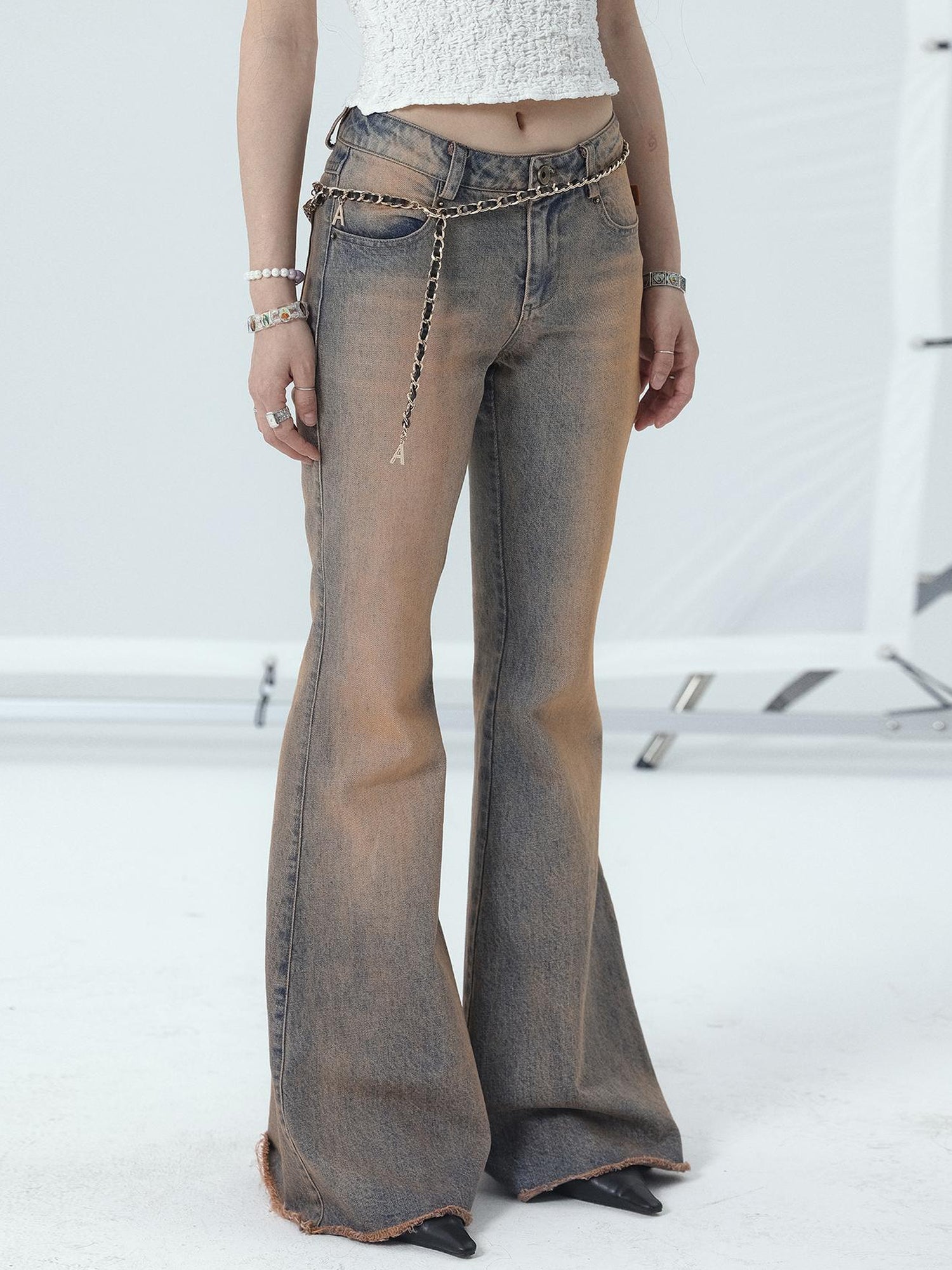 Achihara Vintage Distressed Flare Jeans For Women
