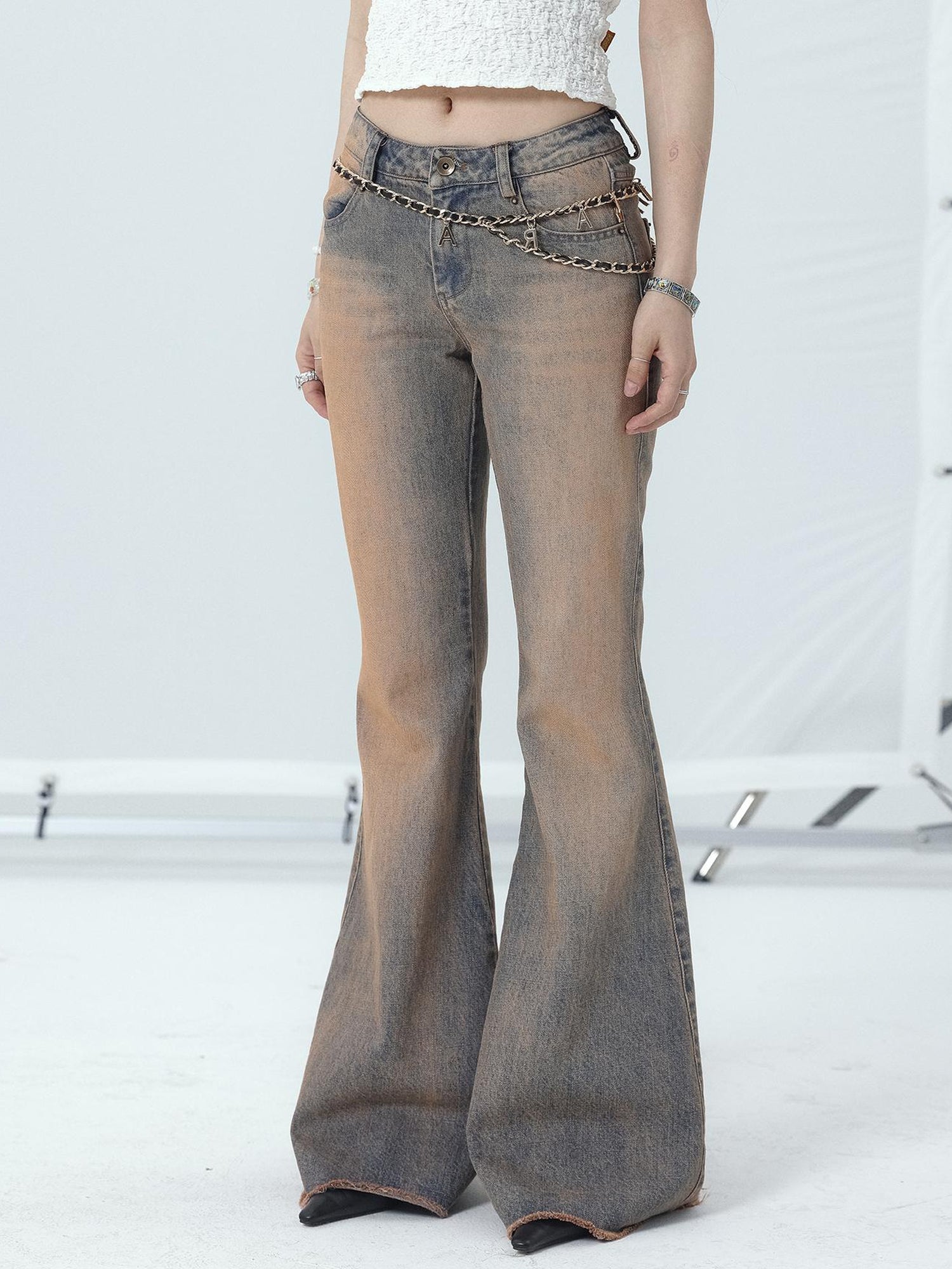 Achihara Vintage Distressed Flare Jeans For Women
